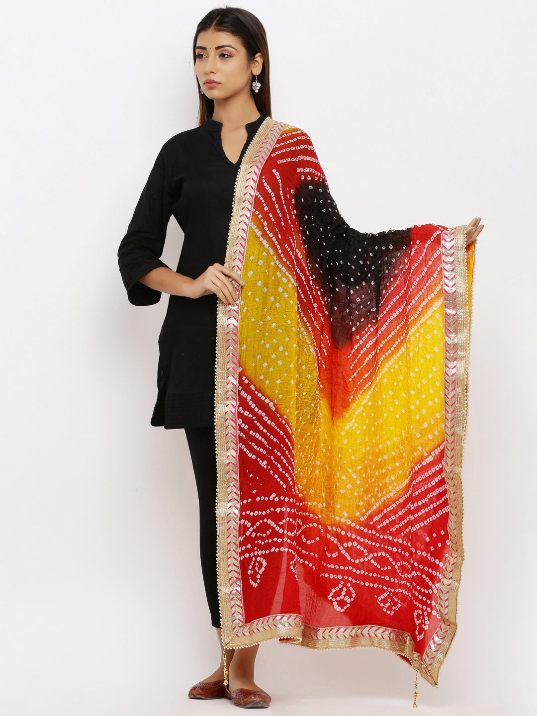 

SOUNDARYA Woven Design Art Silk Bandhani Dupatta with Gotta Patti, Red