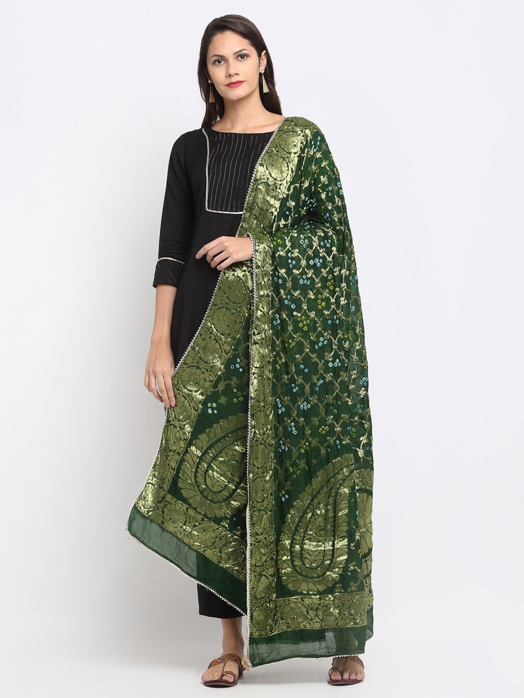 

SOUNDARYA Woven Design Bandhani Dupatta, Green