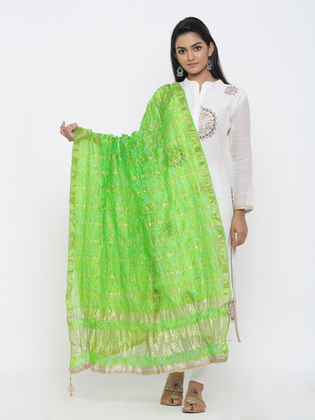 

SOUNDARYA Woven Design Art Silk Bandhani Dupatta with Gotta Patti, Lime green