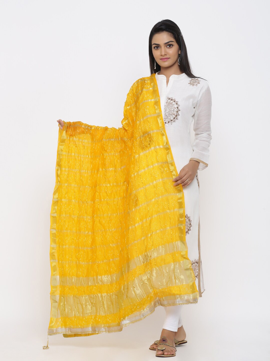 

SOUNDARYA Woven Design Art Silk Bandhani Dupatta with Gotta Patti, Yellow