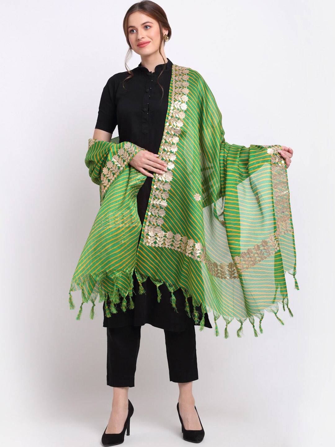 

SOUNDARYA Striped Pure Cotton Leheriya Dupatta with Gotta Patti, Green