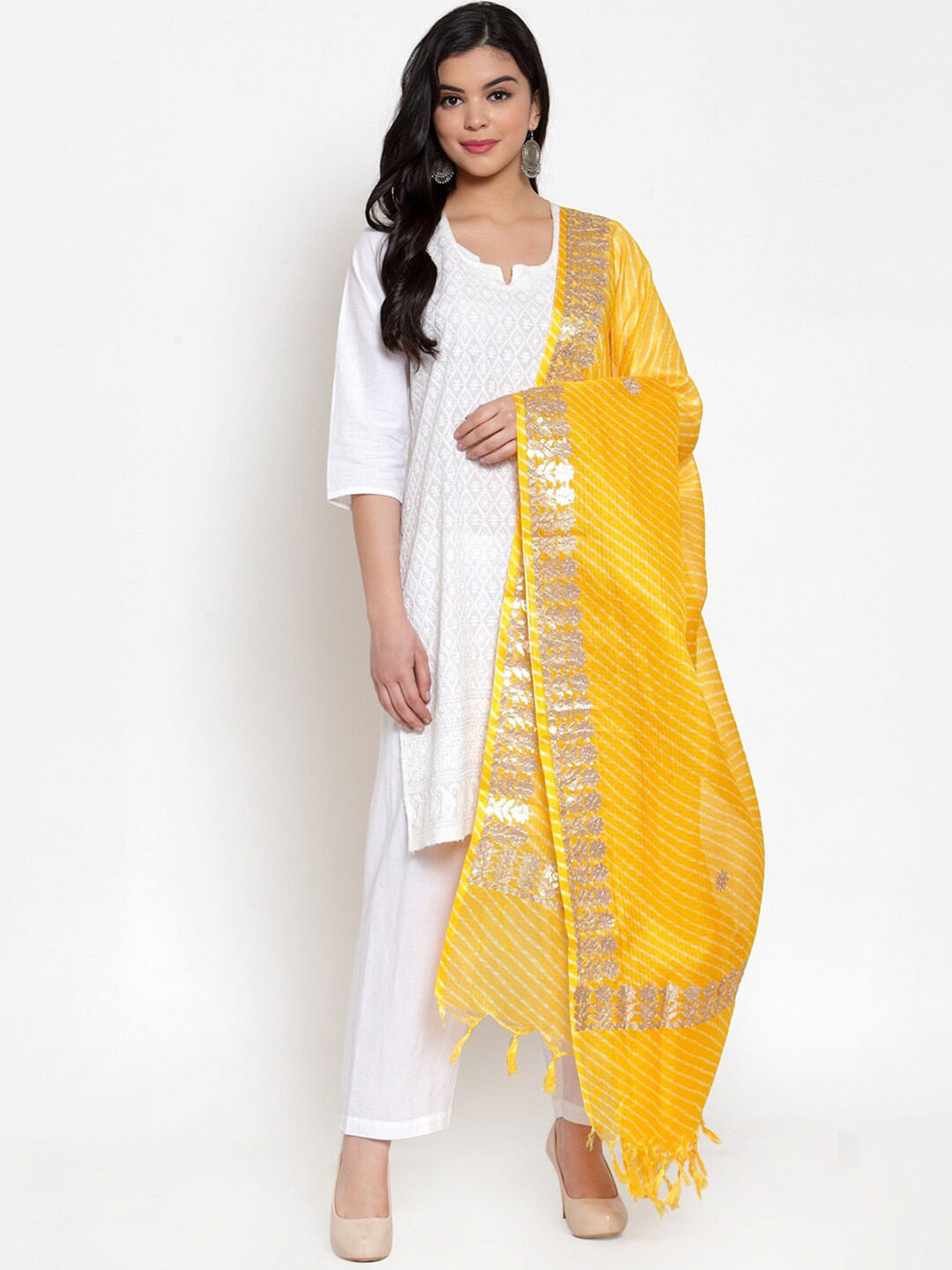 

SOUNDARYA Printed Pure Cotton Leheriya Dupatta with Gotta Patti, Yellow