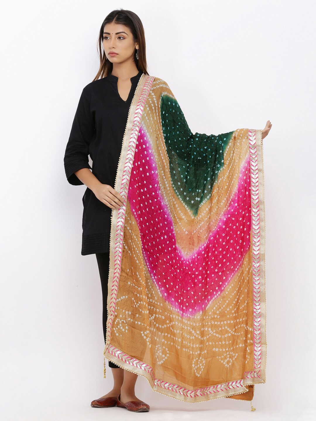 

SOUNDARYA Printed Art Silk Bandhani Dupatta with Gotta Patti, Beige