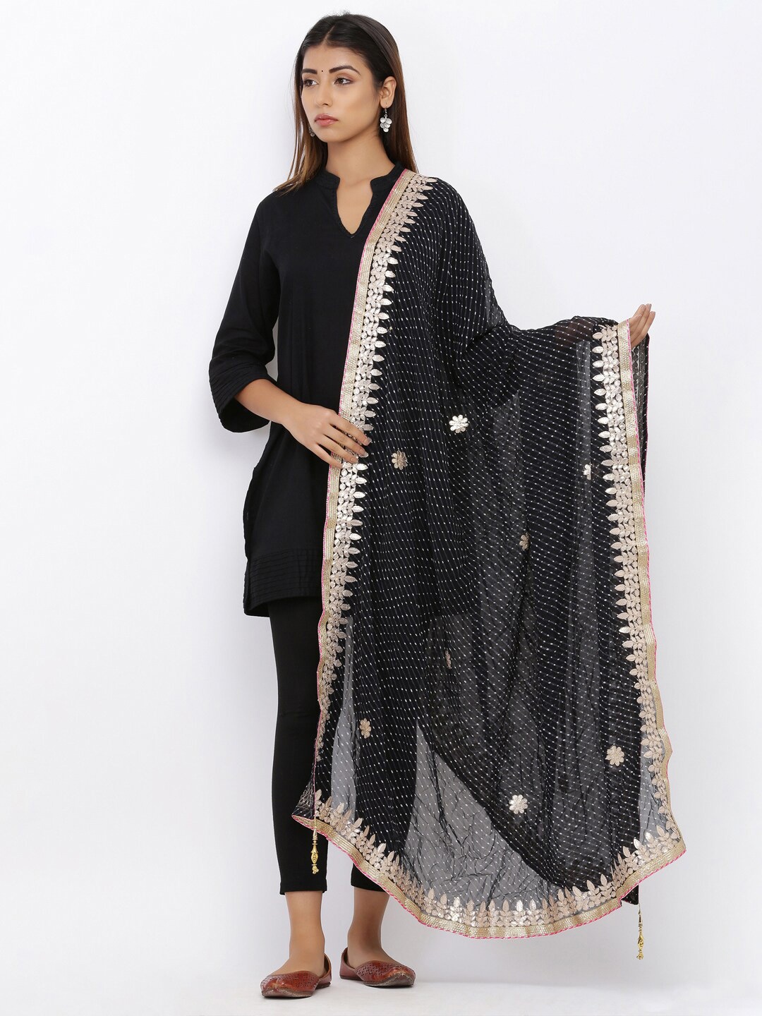 

SOUNDARYA Woven Design Leheriya Dupatta with Gotta Patti, Black