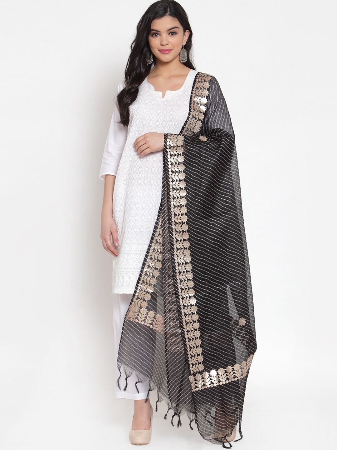 

SOUNDARYA Striped Pure Cotton Leheriya Dupatta with Gotta Patti, Black