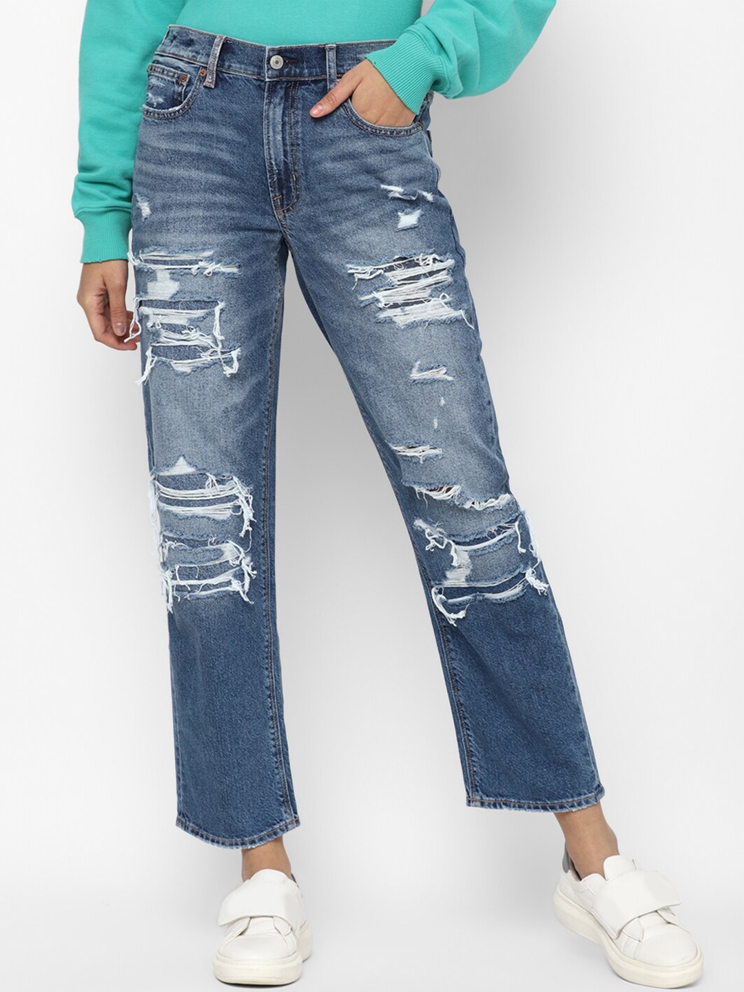 

AMERICAN EAGLE OUTFITTERS Women Slim Fit High-Rise Highly Distressed Heavy Fade Jeans, Blue