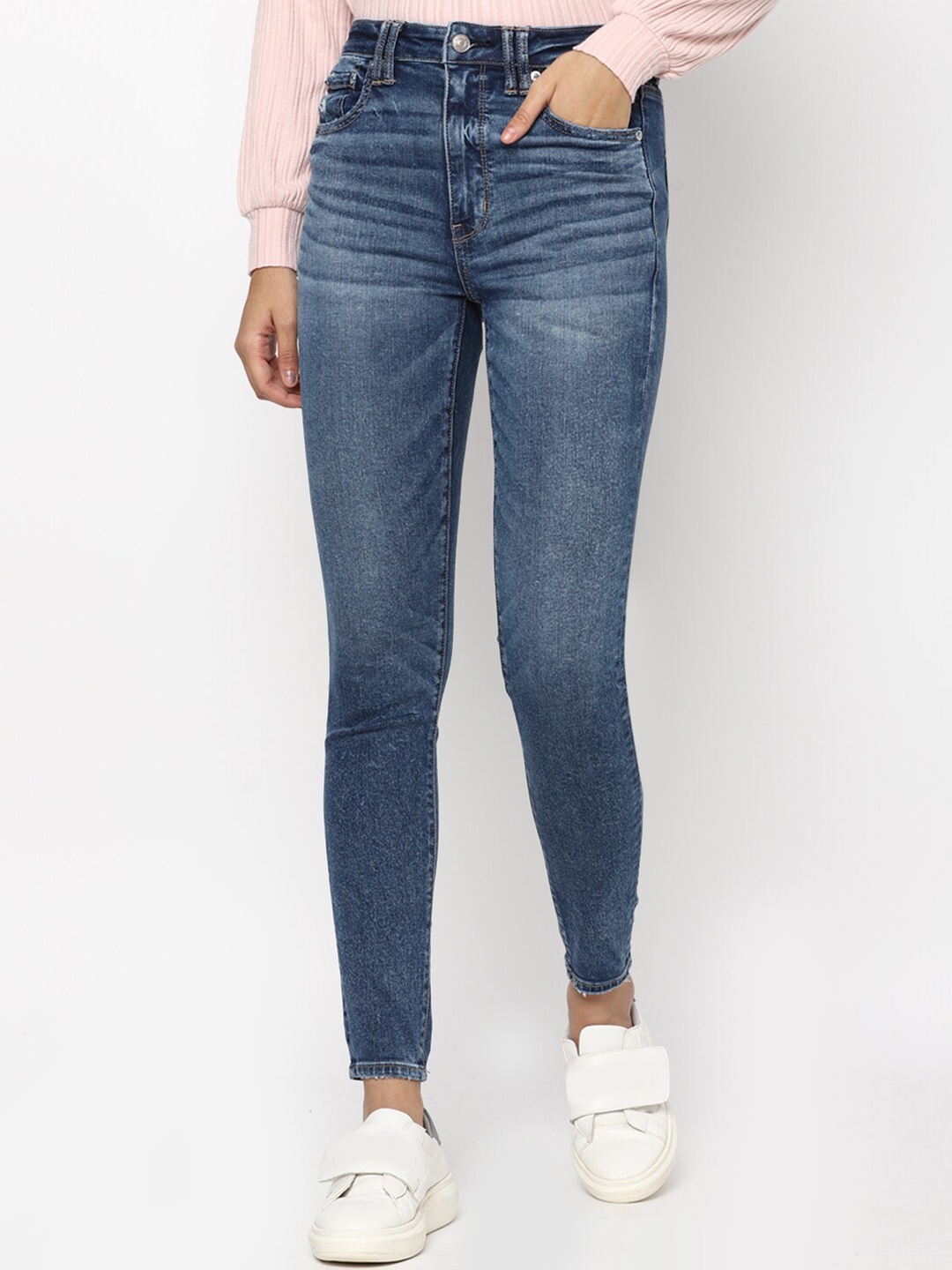 

AMERICAN EAGLE OUTFITTERS Women Blue Slim Fit High-Rise Heavy Fade Jeans
