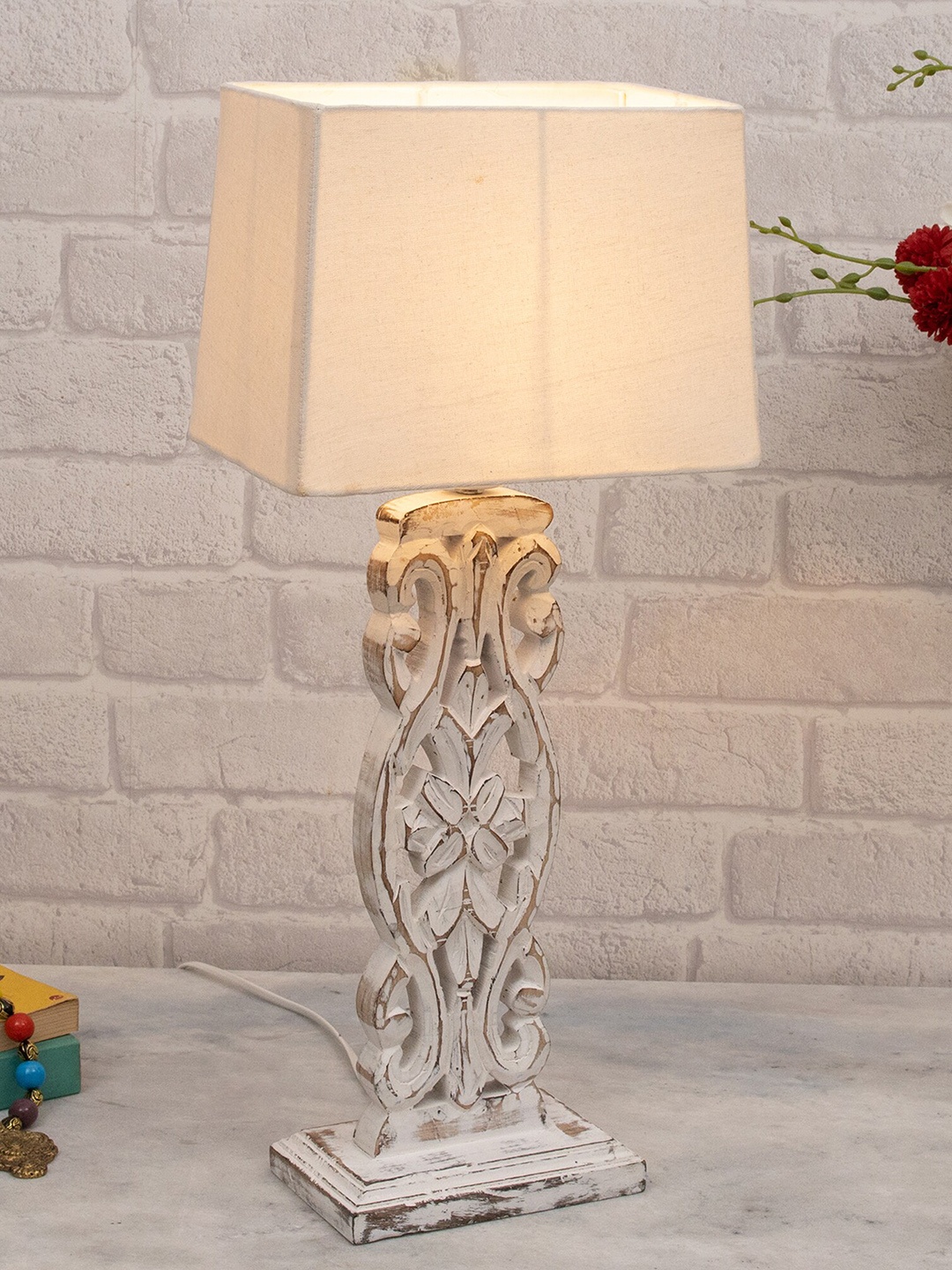 

Homesake Beige-Color Hand Carved Wooden Table Lamp with Khadi Square Shade