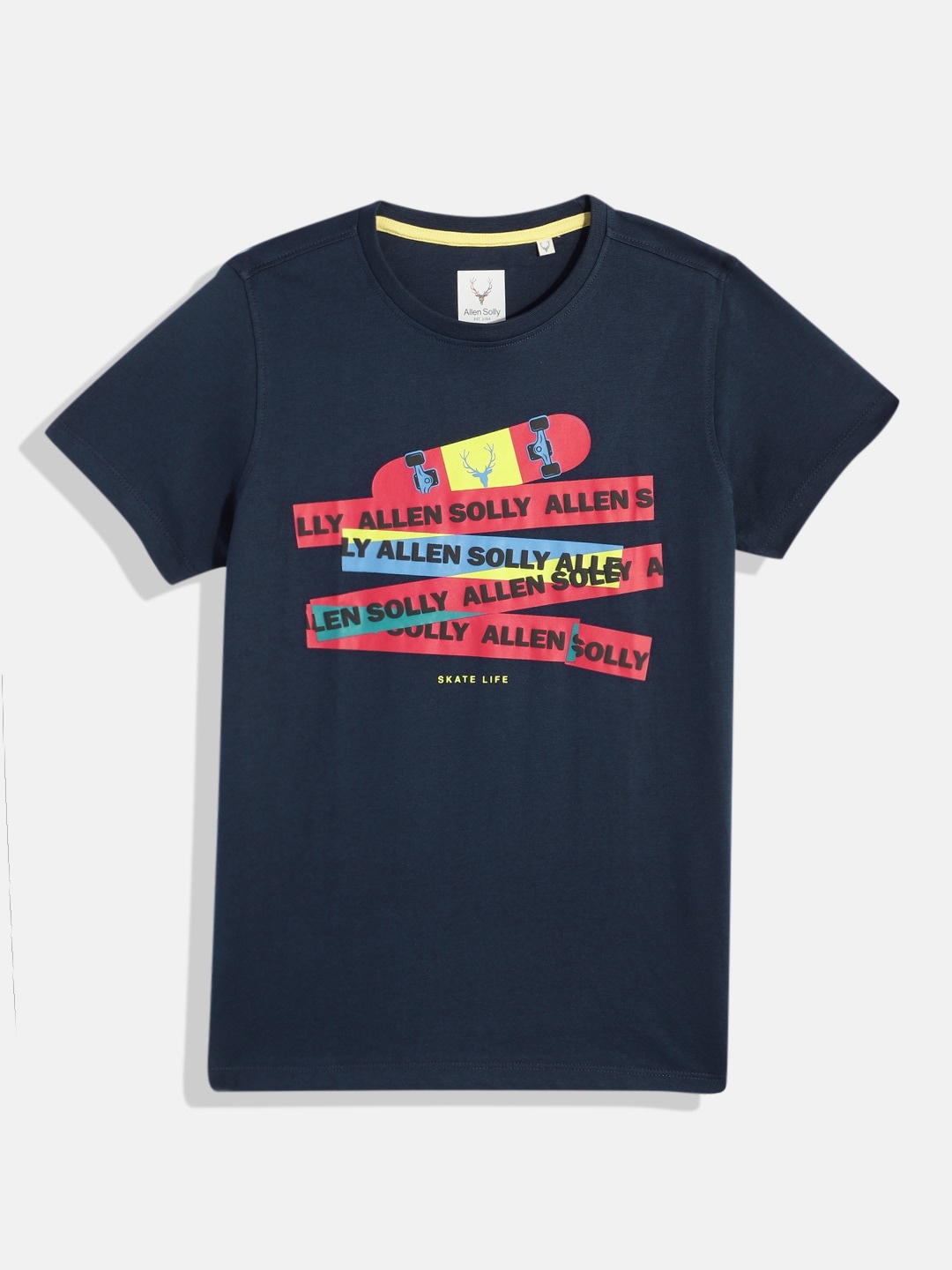 

Allen Solly Junior Boys Brand Logo Printed Pure Cotton T-shirt, Navy blue