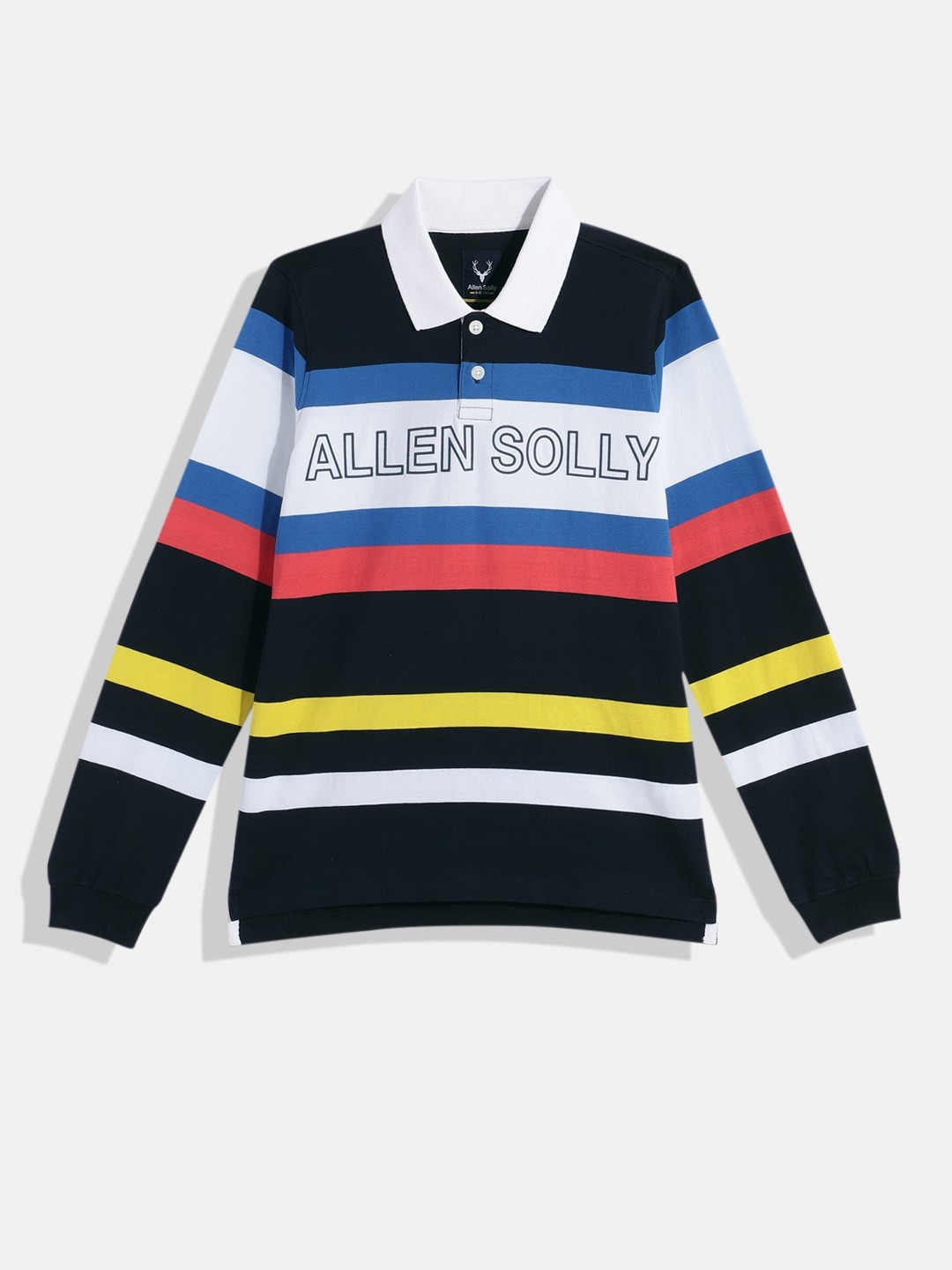 

Allen Solly Junior Boys Striped Polo Collar Pure Cotton T-shirt, Navy blue