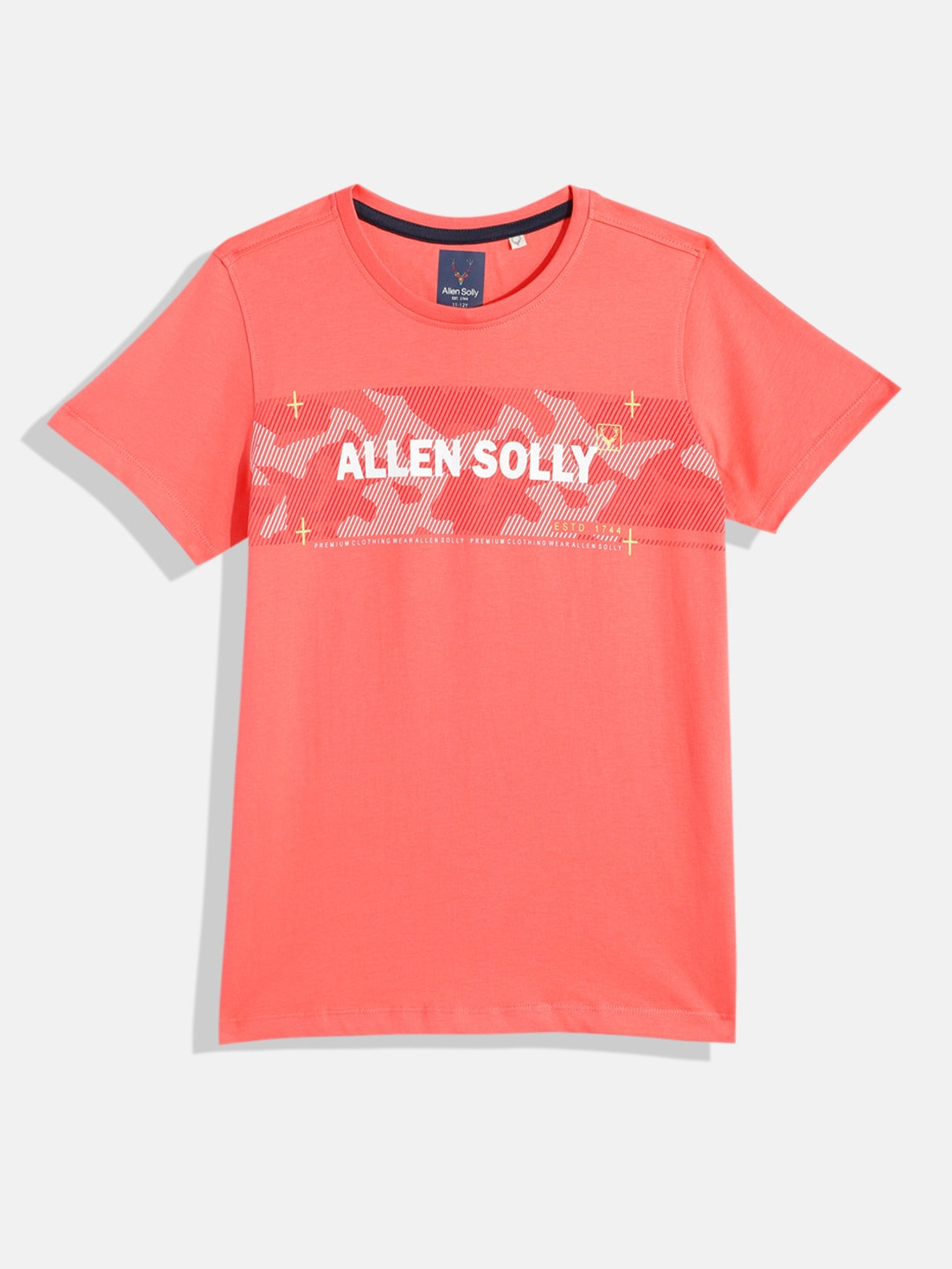 

Allen Solly Junior Boys Brand Logo Printed Pure Cotton T-shirt, Coral