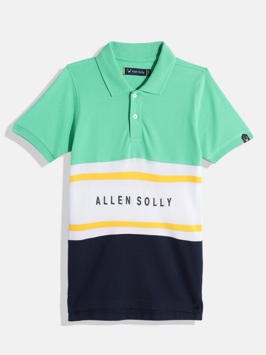 

Allen Solly Junior Boys Colourblocked Polo Collar Pure Cotton T-shirt, Navy blue