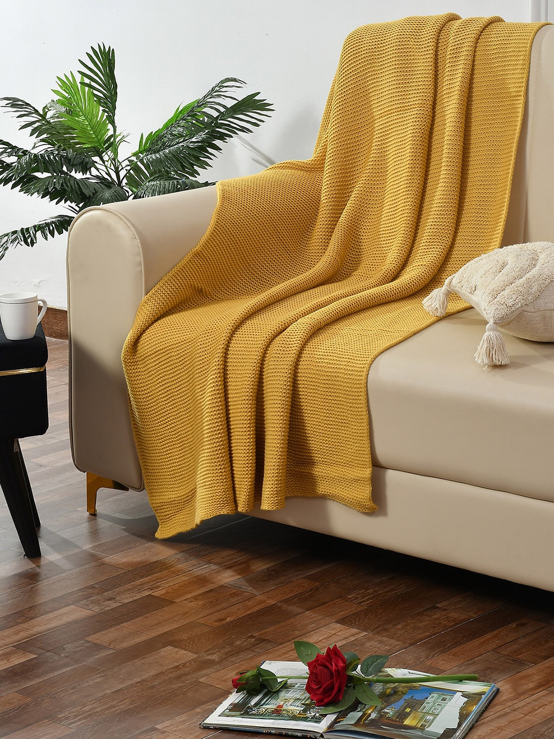 

Florida Yellow Textured Cotton Knitted All Season AC Throw Blanket