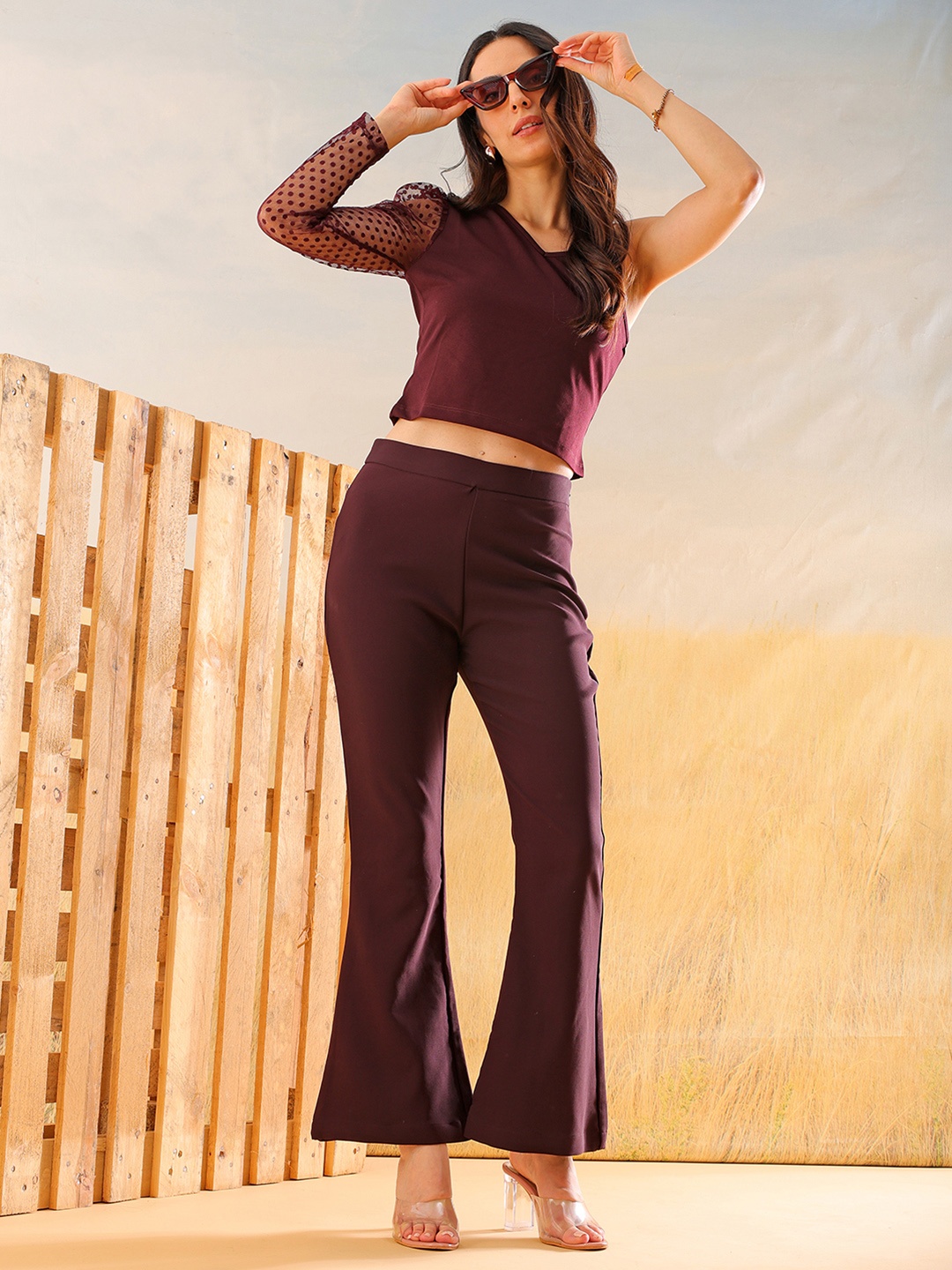 

Freehand by The Indian Garage Co Women Flared High-Rise Chinos Trouser, Burgundy