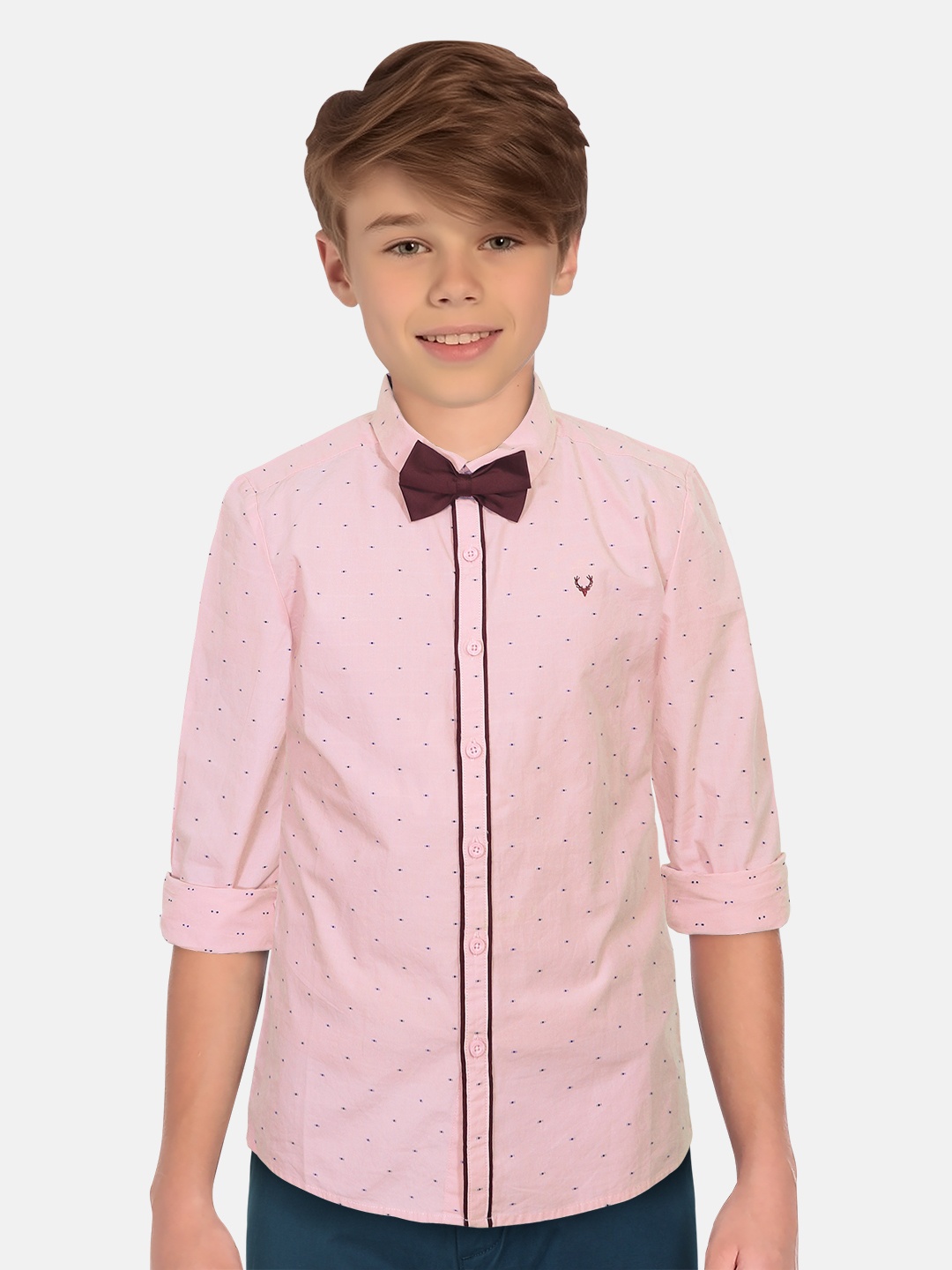 

Allen Solly Junior Boys Slim Fit Self Design Pure Cotton Casual Shirt with Bow Tie, Pink