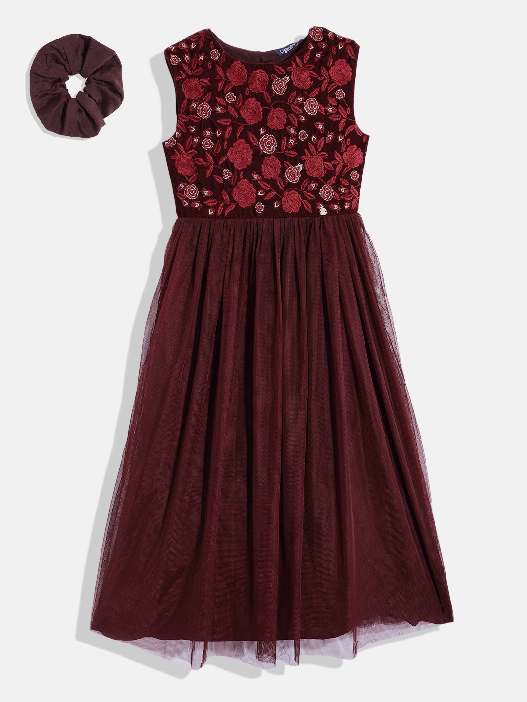 

Allen Solly Junior Girls Floral Embroidered Net Maxi Fit & Flare Party Dress, Maroon