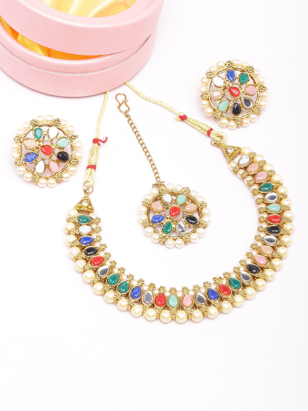 

DIVA WALK Gold-Plated Stone-Studded & Pearl Beaded Jewellery Set