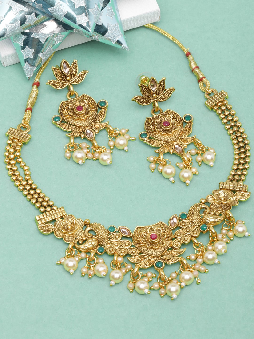 

DIVA WALK Gold-Plated Stone-Studded & Beaded Jewellery Set