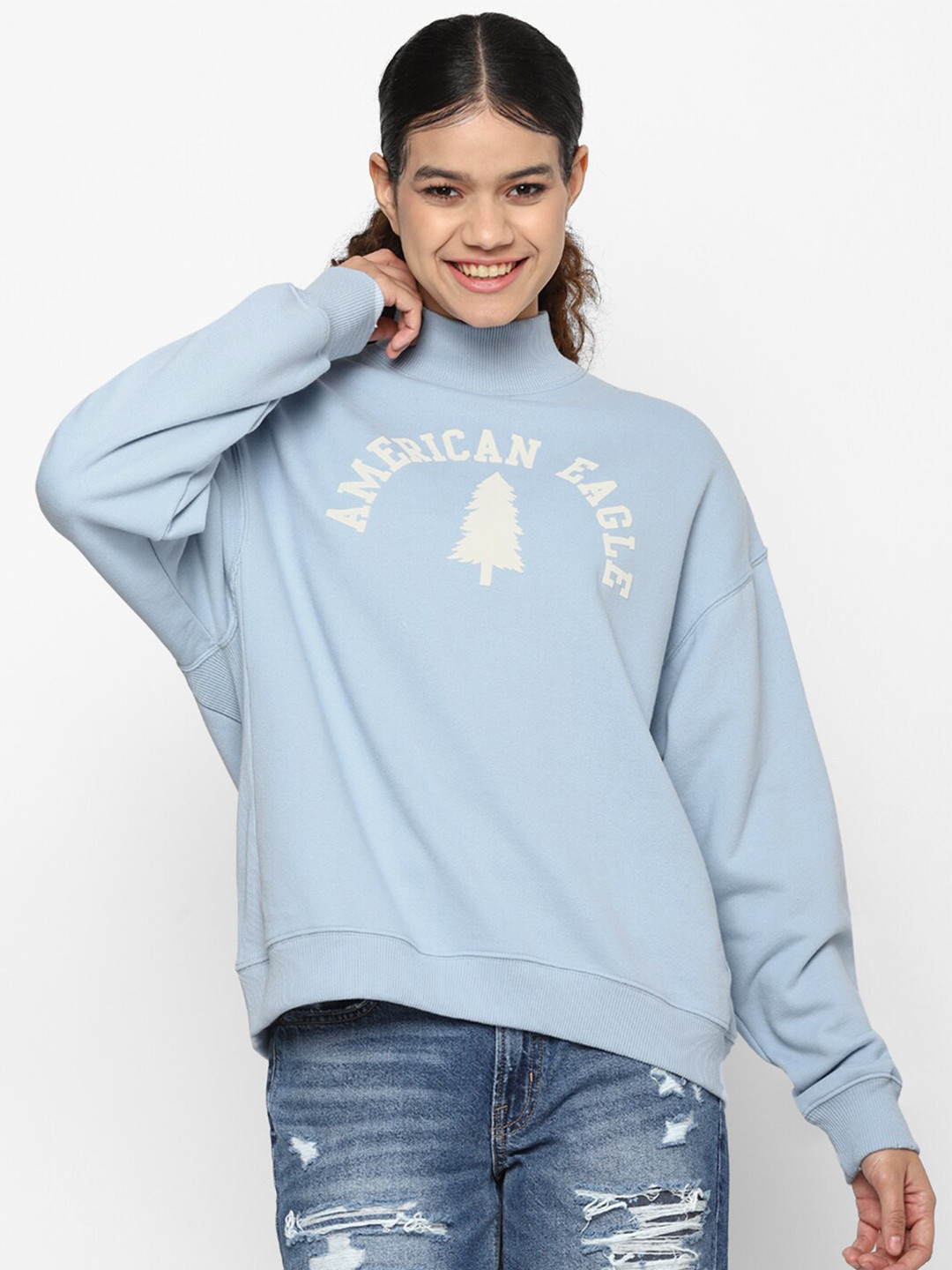

AMERICAN EAGLE OUTFITTERS High Neck Printed Sweatshirt, Blue