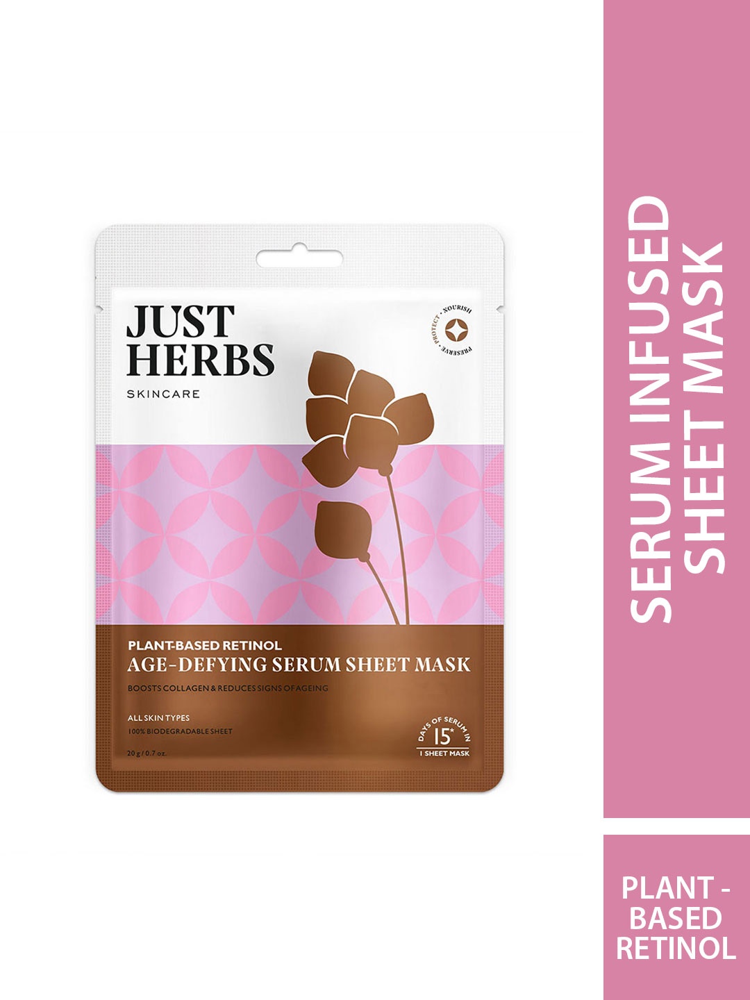 

Just Herbs Plant-Based Retinol Age-Defying Serum Sheet Mask -20g, Pink