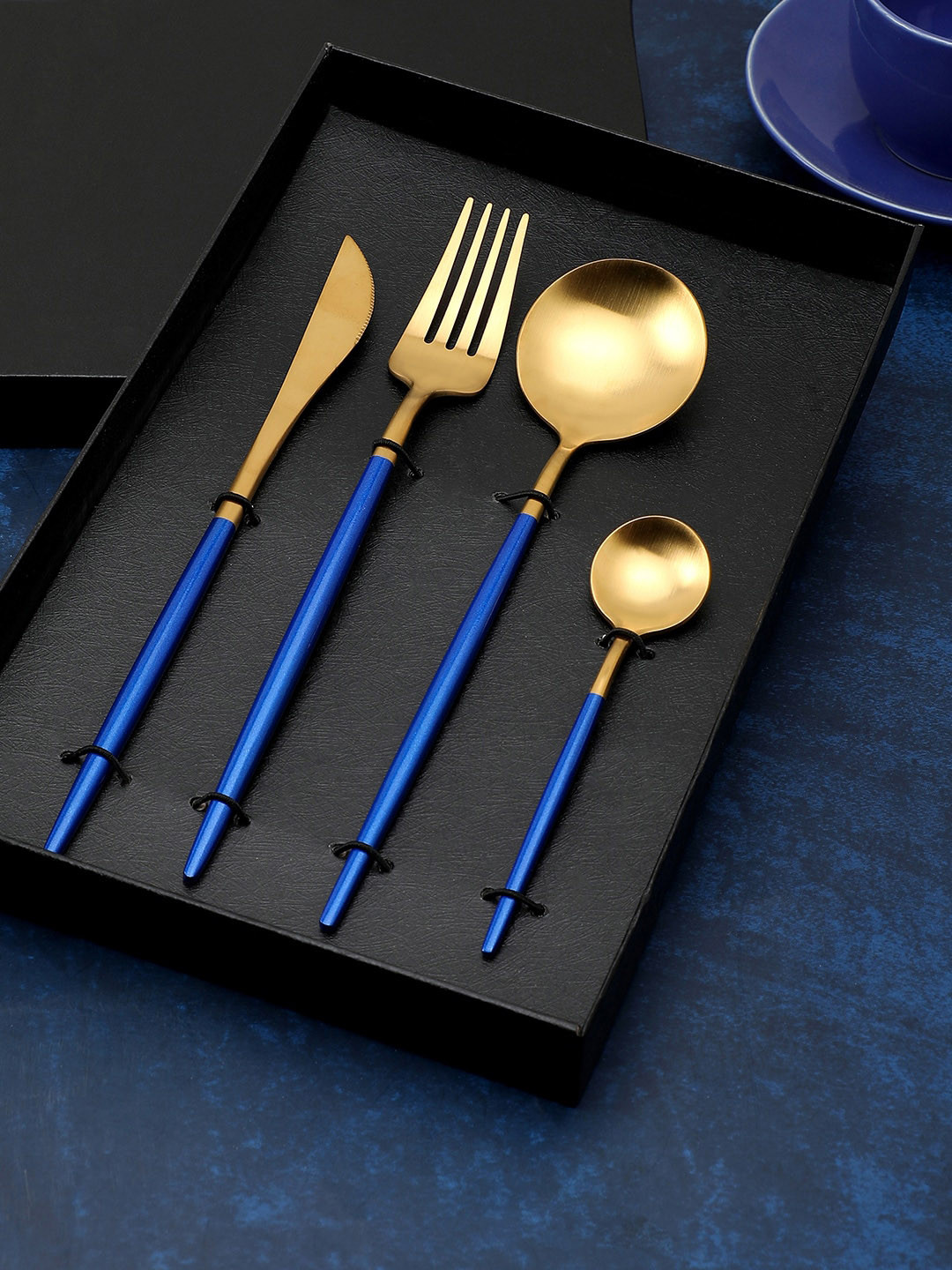 

Bonhomie Gold-Toned & Blue 4-Pcs Stainless Steel Cutlery Set