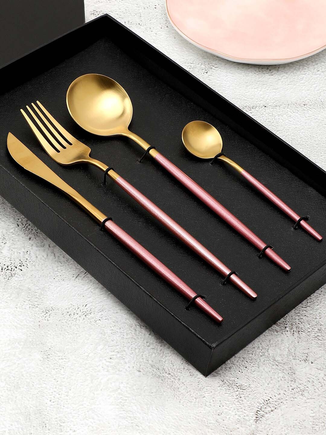 

Bonhomie Piece of 4 Pink & Gold-Toned Stainless Steel Cutlery Set