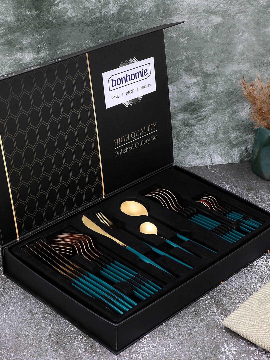 

Bonhomie Set Of 24 Gold & Green Stainless Steel Cutlery Set