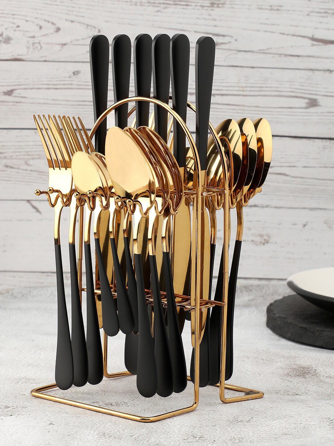 

Bonhomie Set Of 24 Black & Gold Stainless Steel Cutlery Set