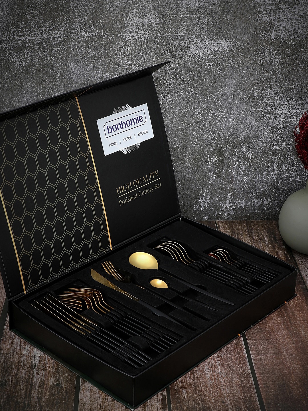 

Bonhomie Set Of 24 Black & Gold Stainless Steel Cutlery Set