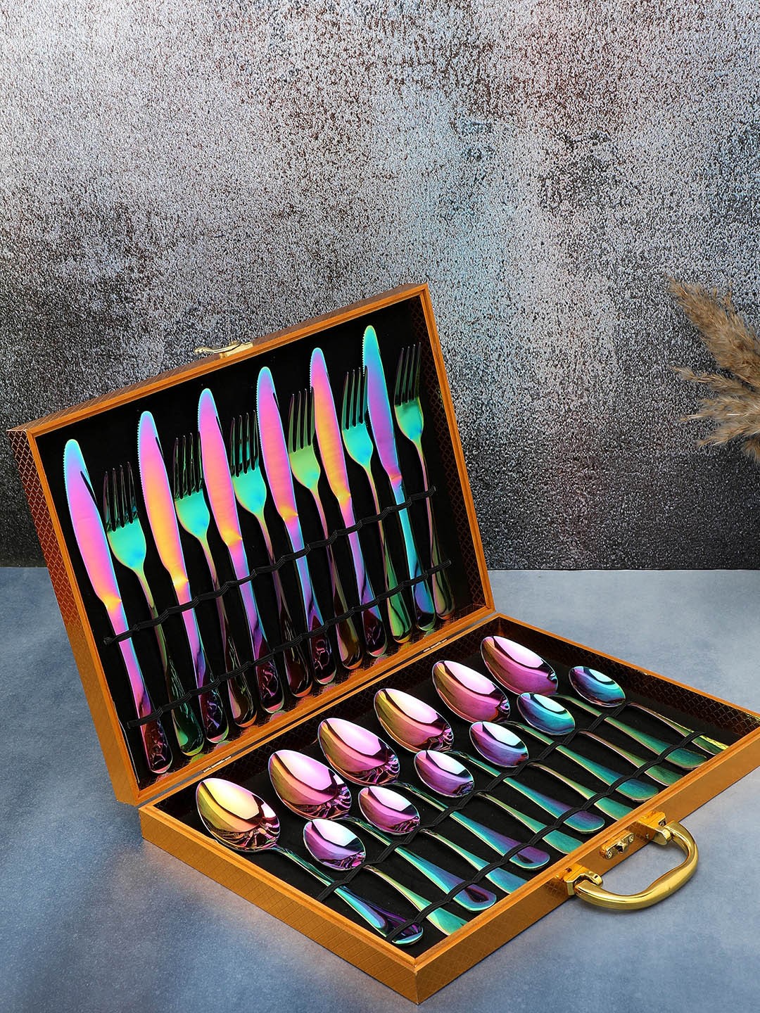 

Bonhomie Set Of 24 Gold-Toned & Purple Stainless Steel Cutlery Set, Blue