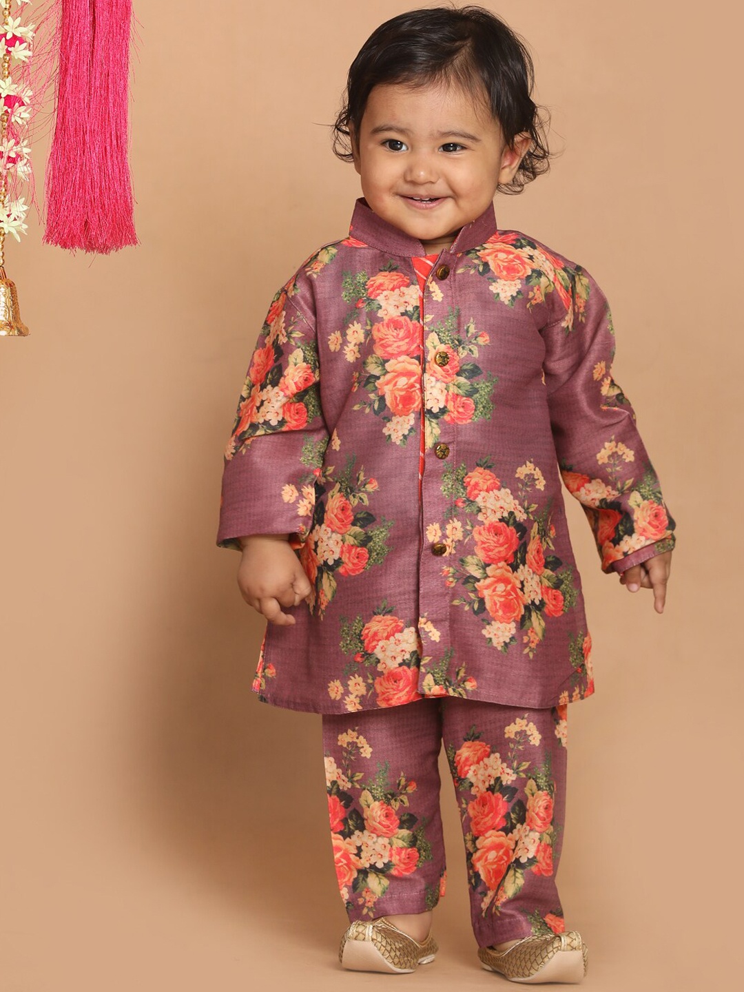 

VASTRAMAY Boys Purple Floral Printed Kurta with Pyjama Set