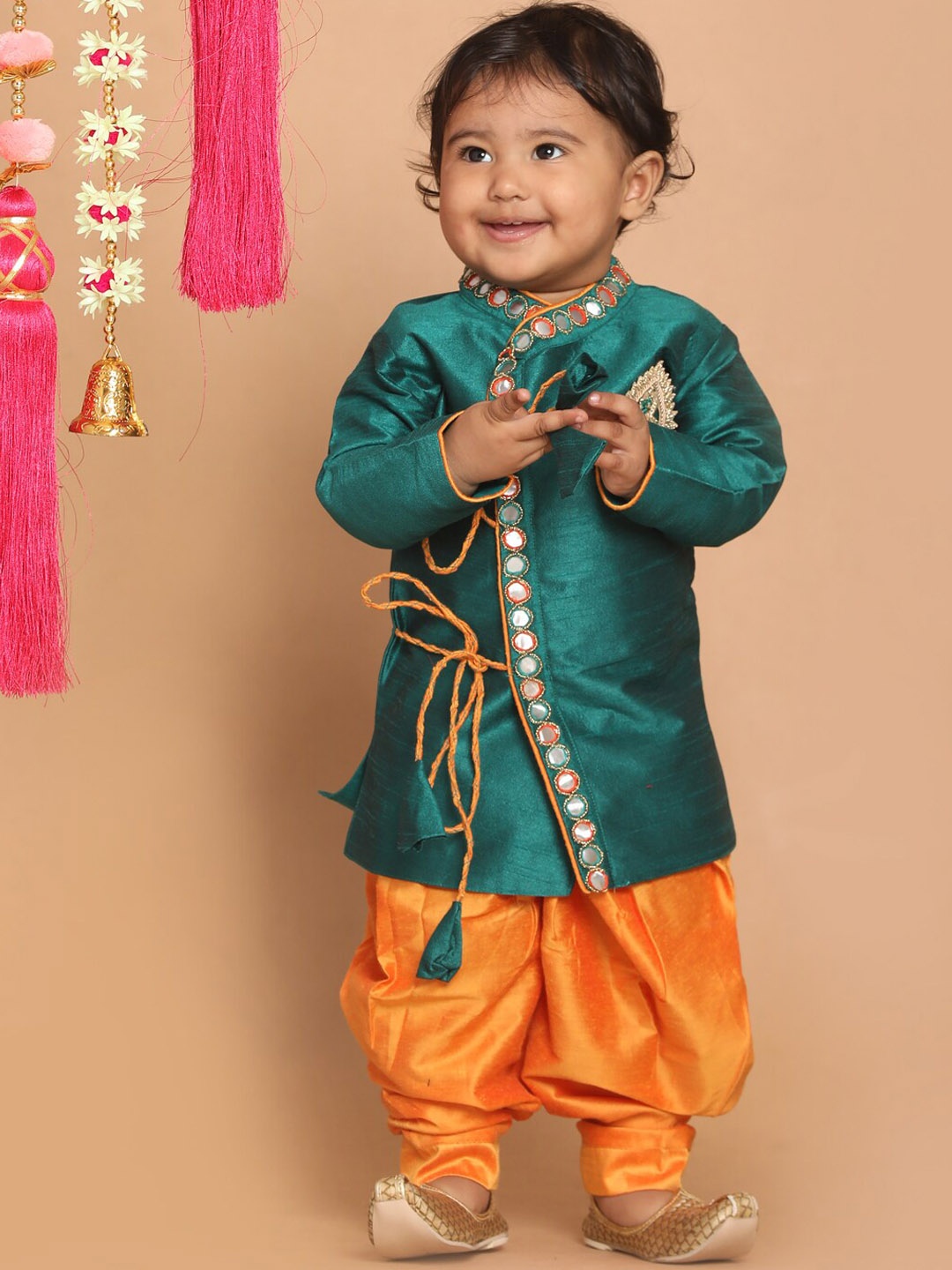 

VASTRAMAY Boys Green Angrakha Mirror Work Kurta with Dhoti Pant