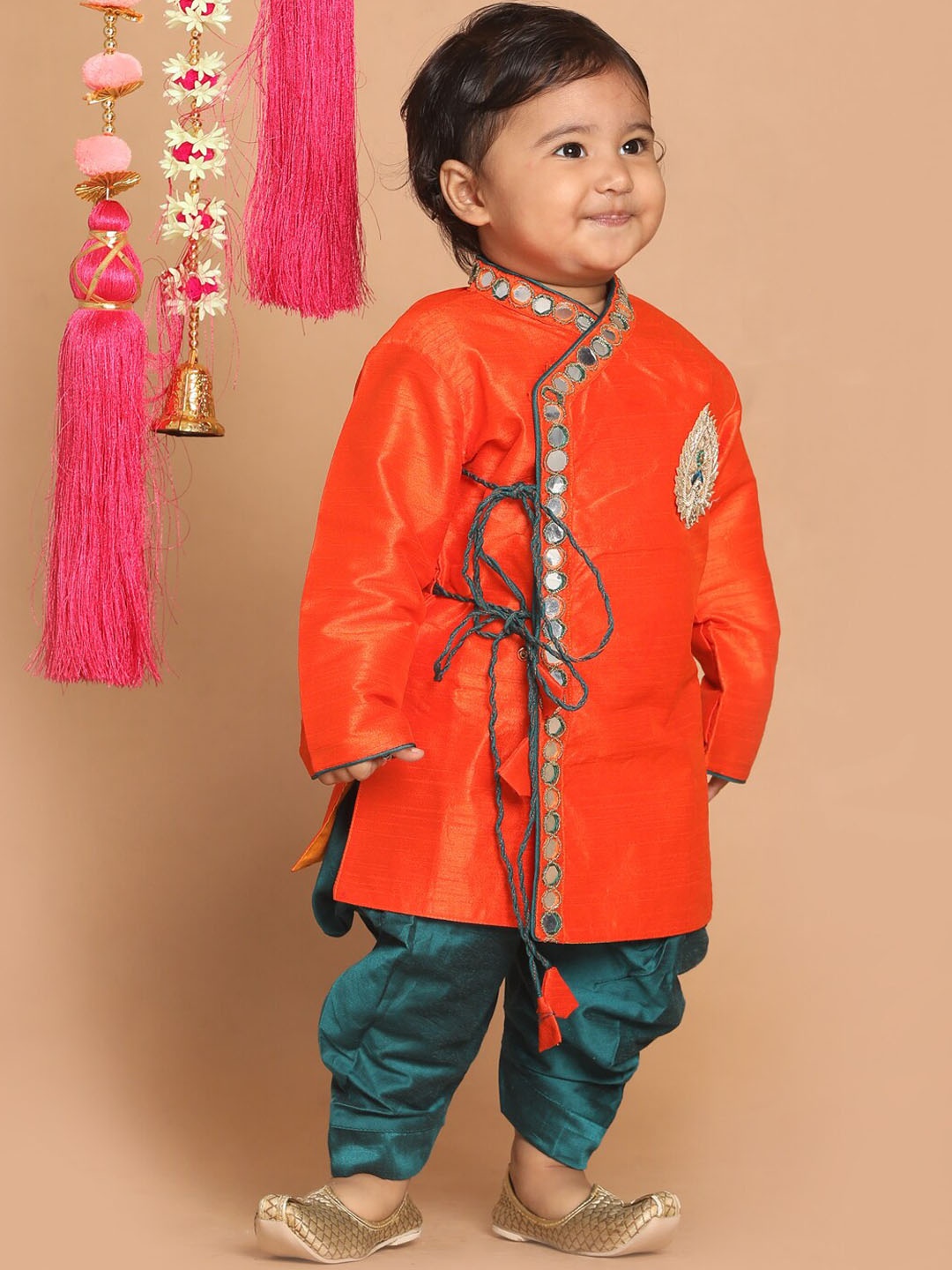 

VASTRAMAY Boys Ethnic Embroidered Angrakha Mirror Work Kurta with Dhoti Pants, Orange