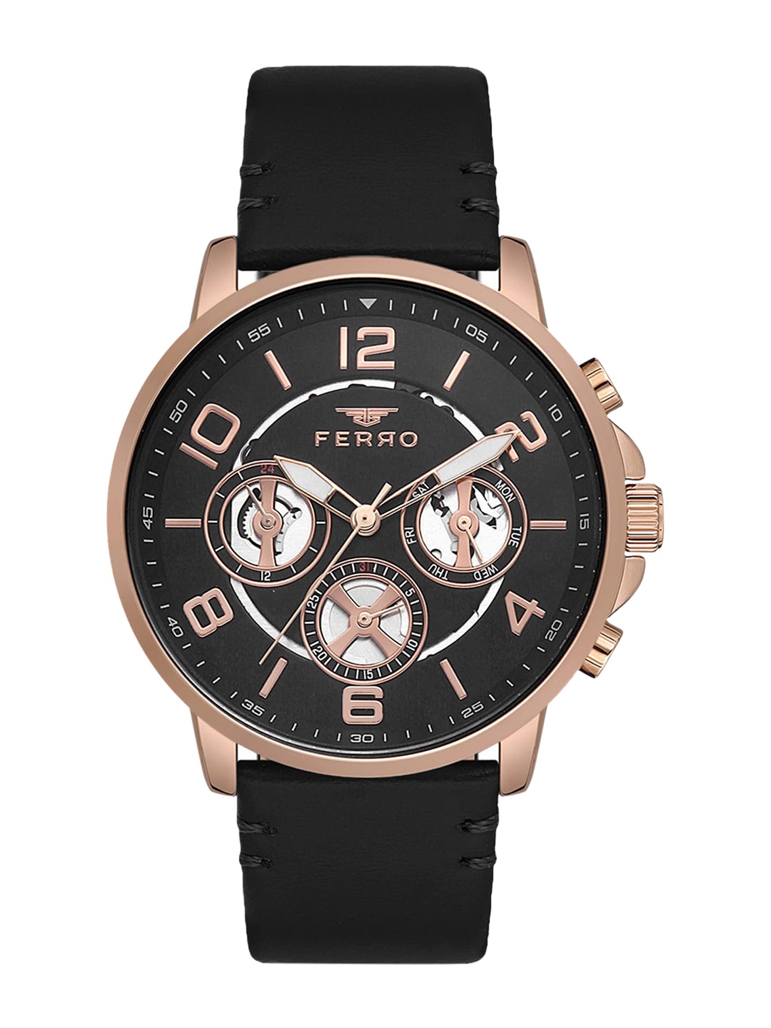 

Ferro Men Brass Dial & Leather Straps Analogue Multi Function Watch FM11146B-R, Black