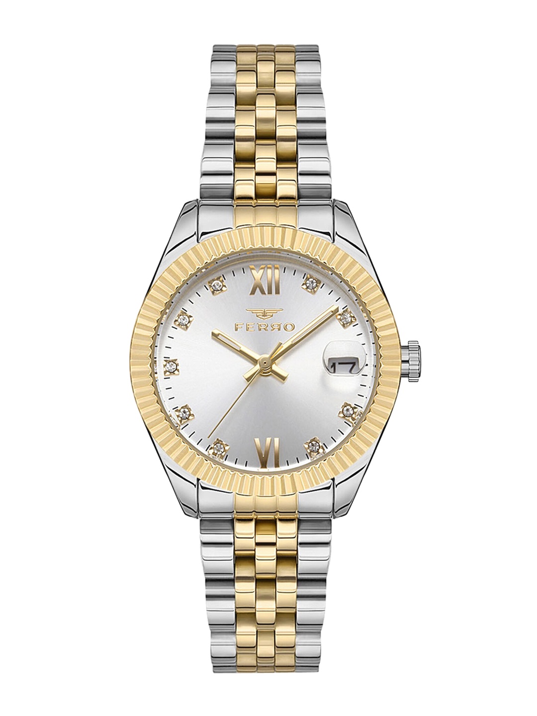 

Ferro Brass Dial & Silver Toned Stainless Steel Bracelet Style Straps Analogue Watch