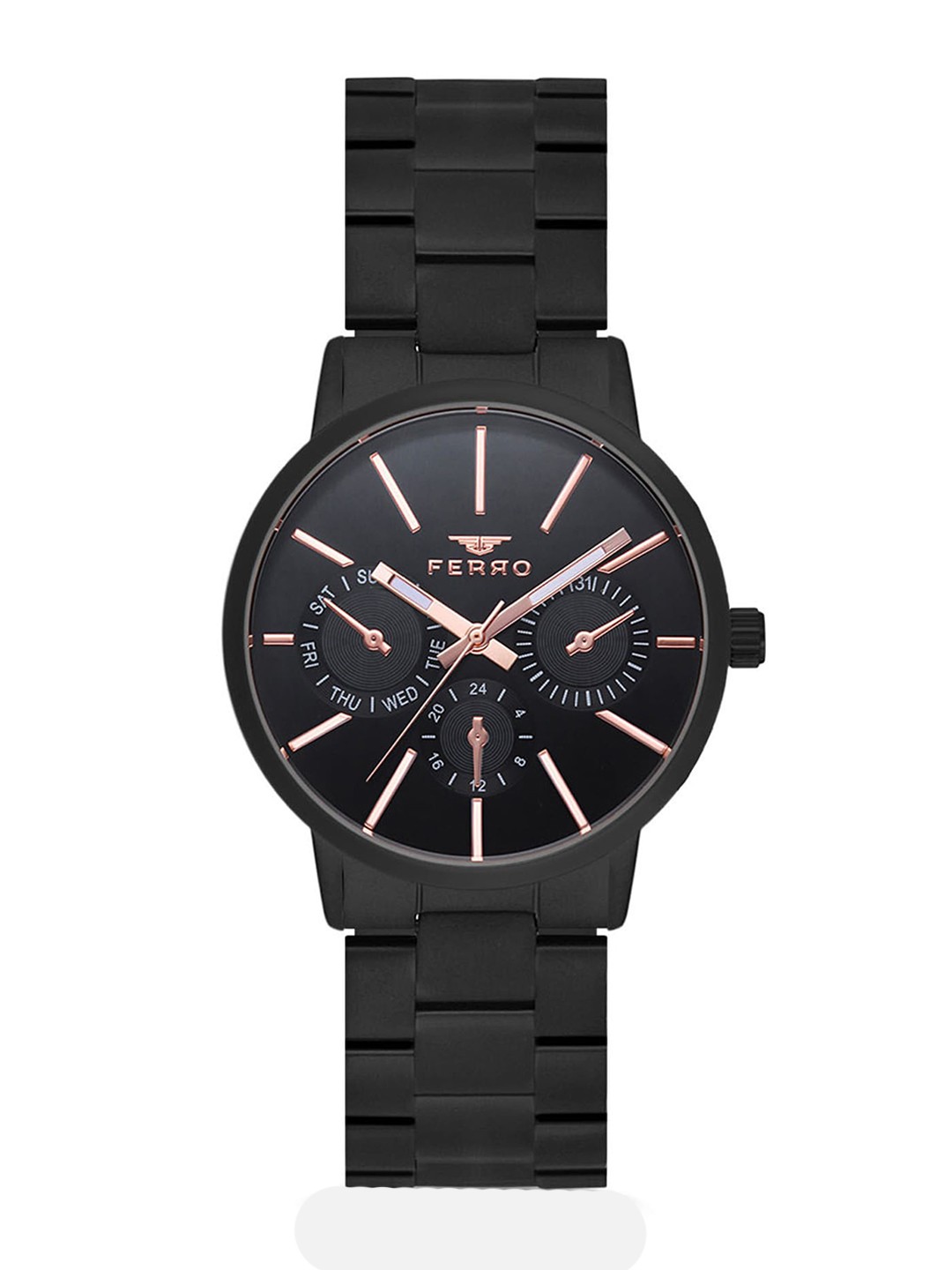 

Ferro Women Brass Dial & Stainless Steel Straps Analogue Multi Function Watch- FM81886A, Black