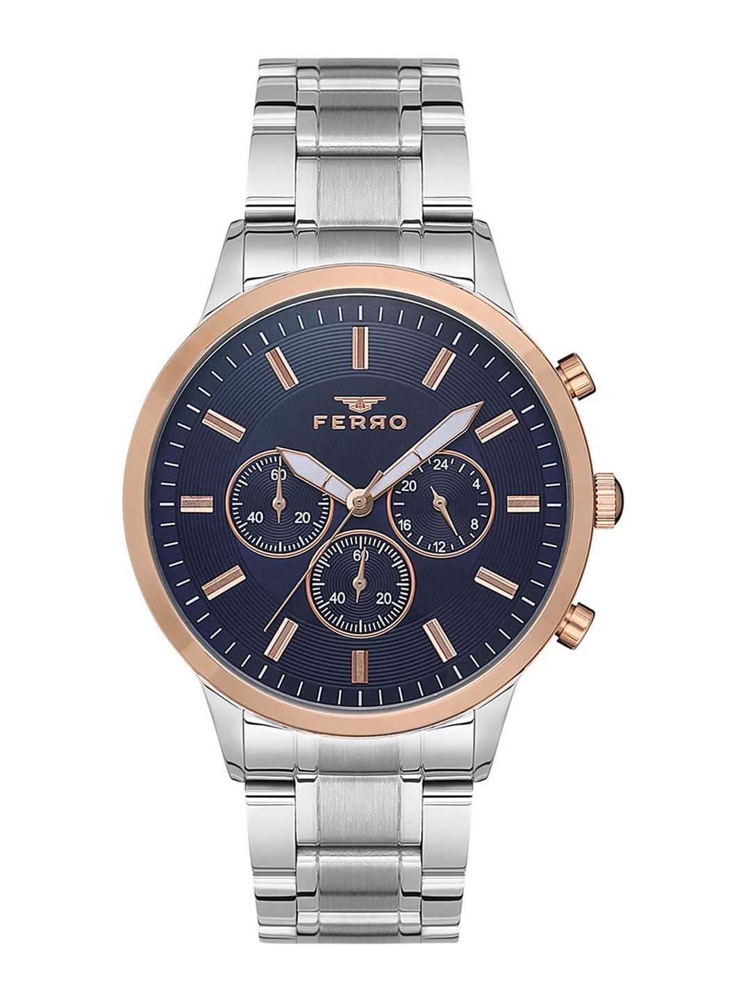 

Ferro Men Blue Brass Dial & Silver Toned Stainless Steel Bracelet Style Straps Analogue Chronograph Watch