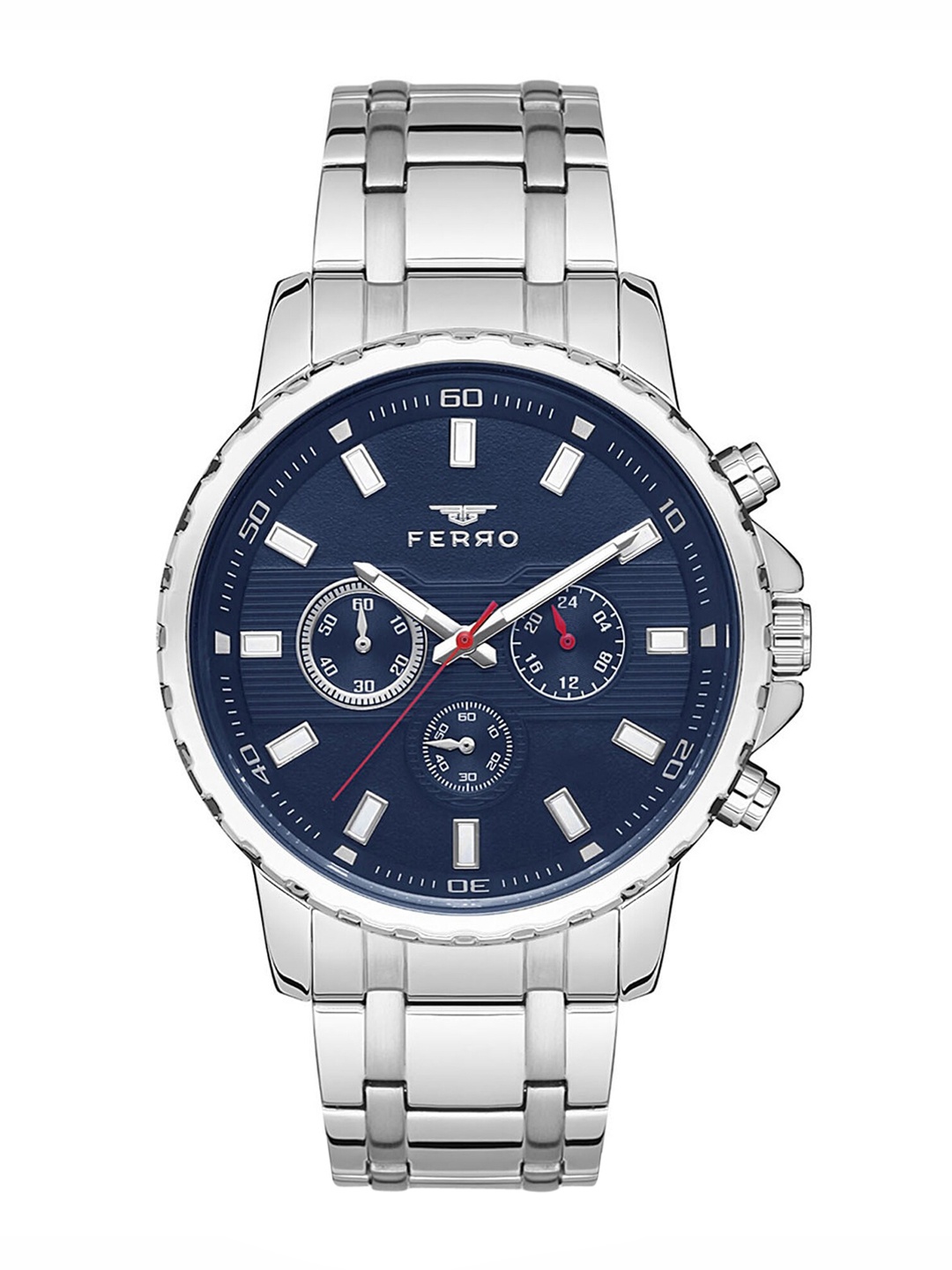 

Ferro Men Blue Brass Dial & Silver Toned Stainless Steel Bracelet Style Straps Analogue Chronograph Watch