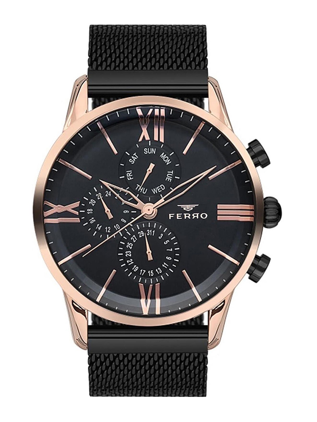 

Ferro Men Black Brass Patterned Dial & Black Stainless Steel Textured Straps Analogue Chronograph Watch