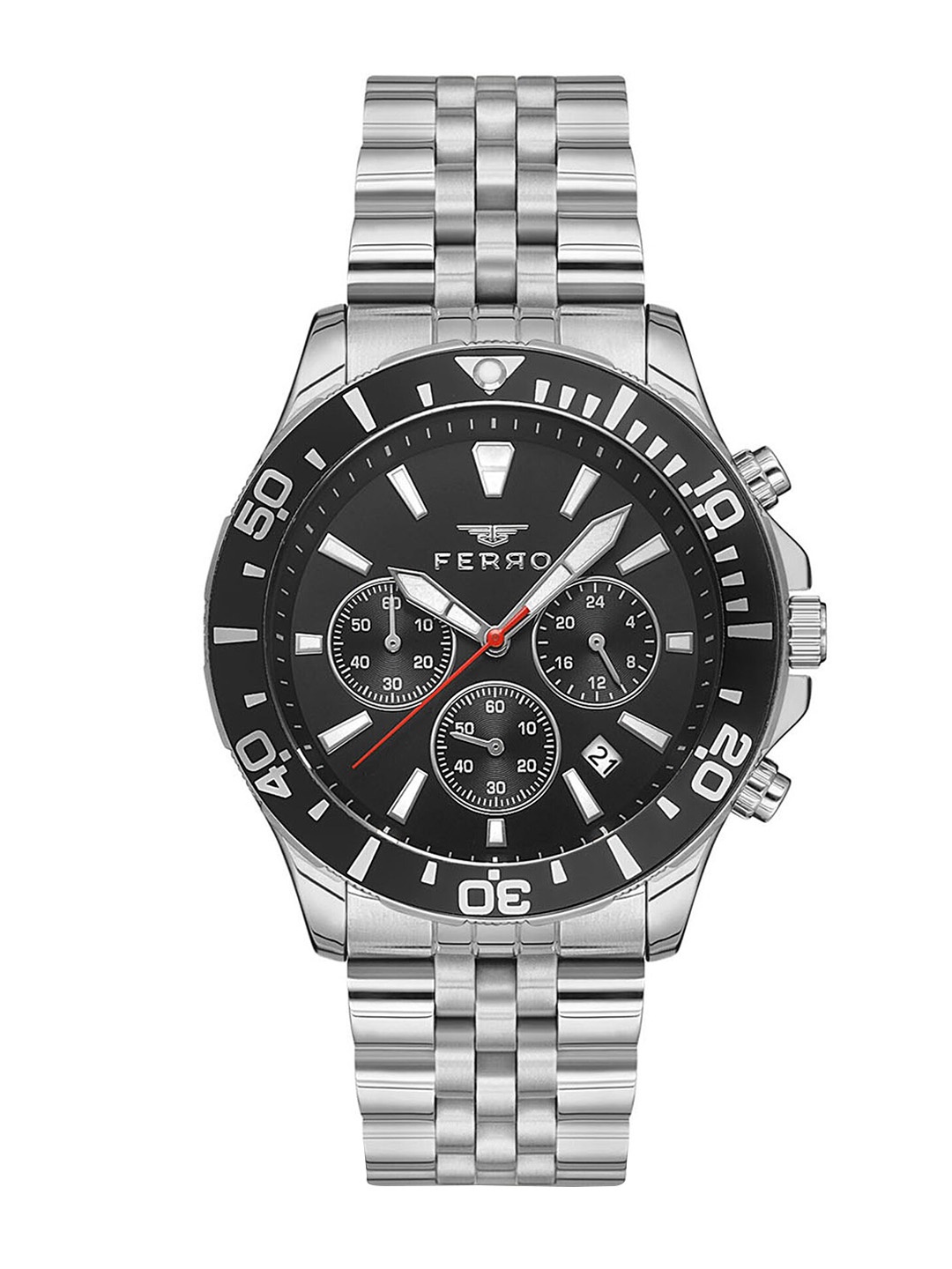 

Ferro Men Black Brass Dial & Silver Toned Stainless Steel Bracelet Style Straps Analogue Chronograph Watch