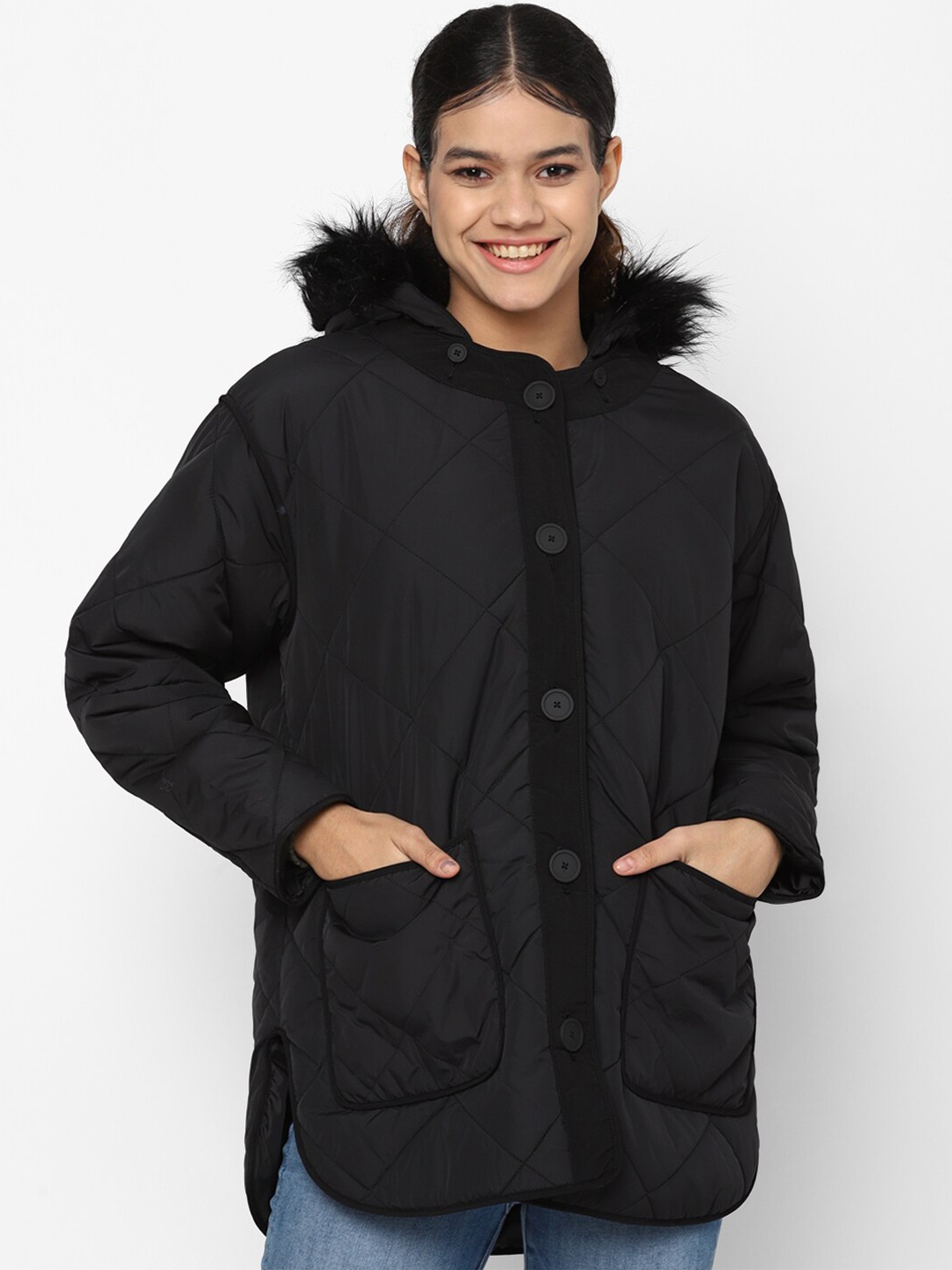 

AMERICAN EAGLE OUTFITTERS Women Longline Quilted Jacket, Black