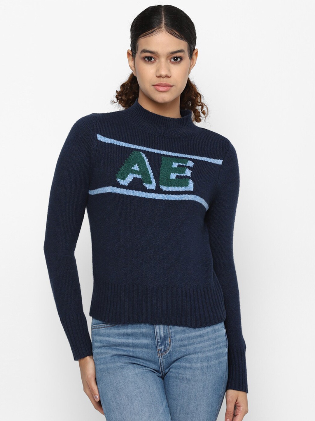 

AMERICAN EAGLE OUTFITTERS Women Navy Blue & Green Typography Printed Pullover