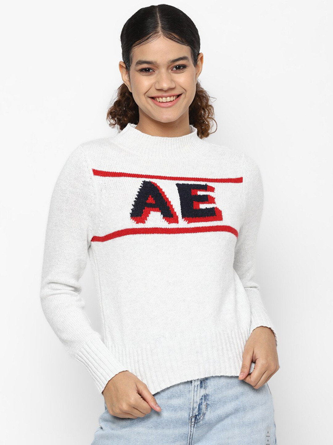 

AMERICAN EAGLE OUTFITTERS Women White & Red Typography Printed Pullover