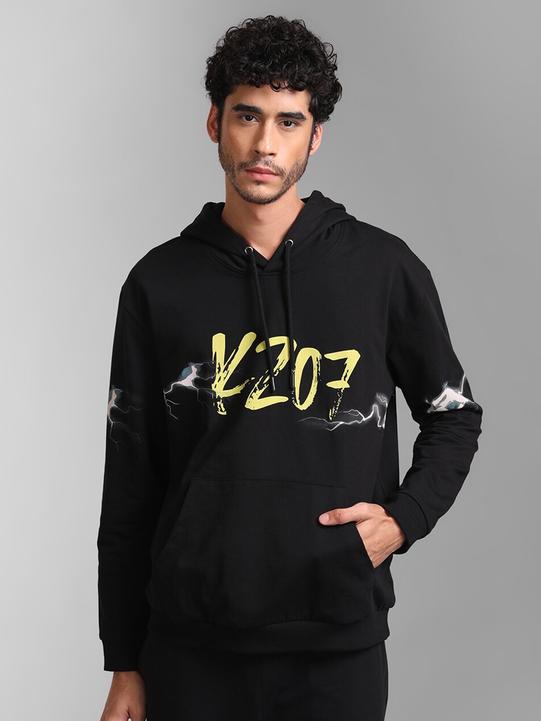 

KZ07 By Kazo Men Printed Cotton Hooded Sweatshirt, Black