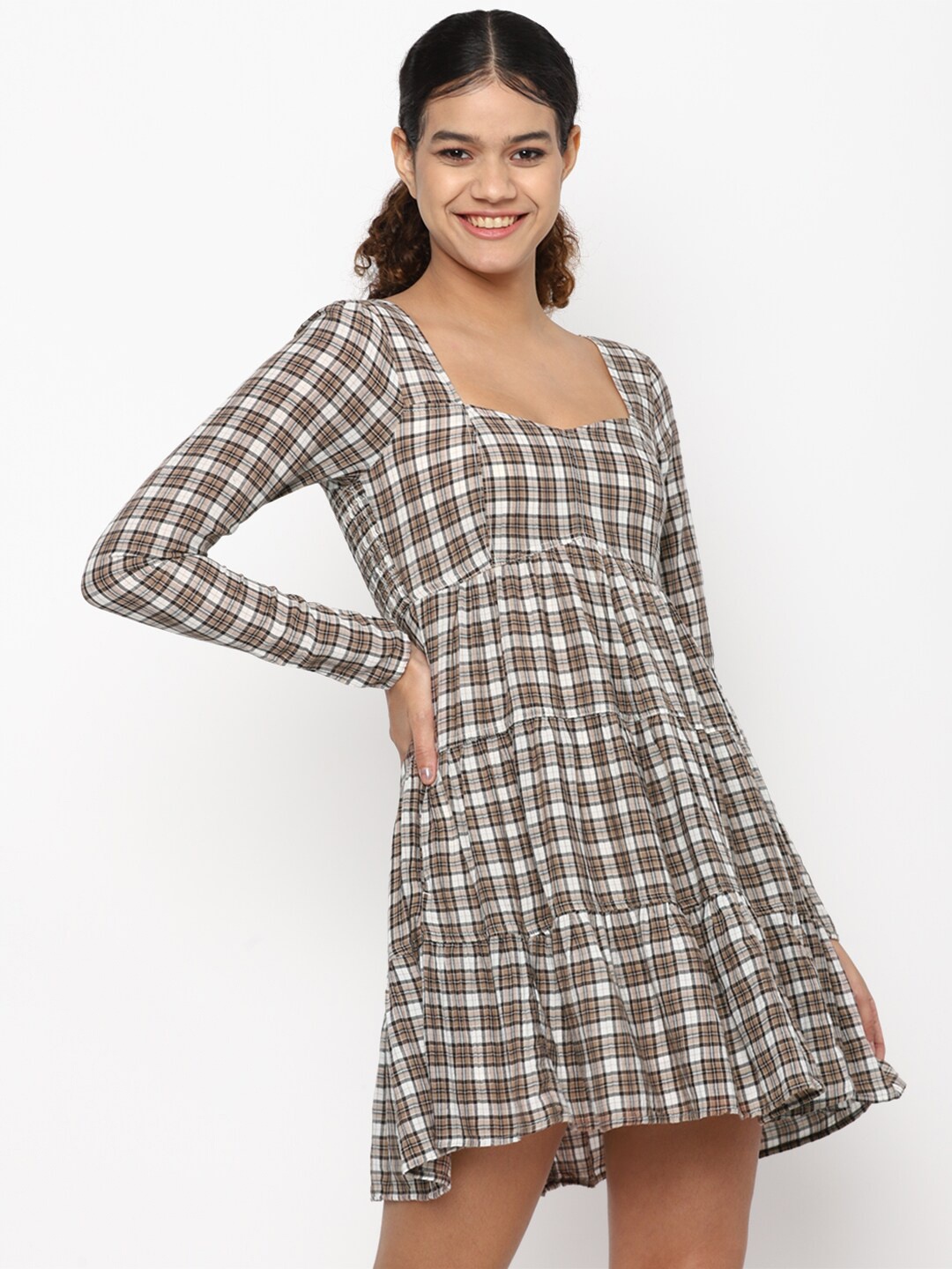 

AMERICAN EAGLE OUTFITTERS Brown Checked A-Line Dress