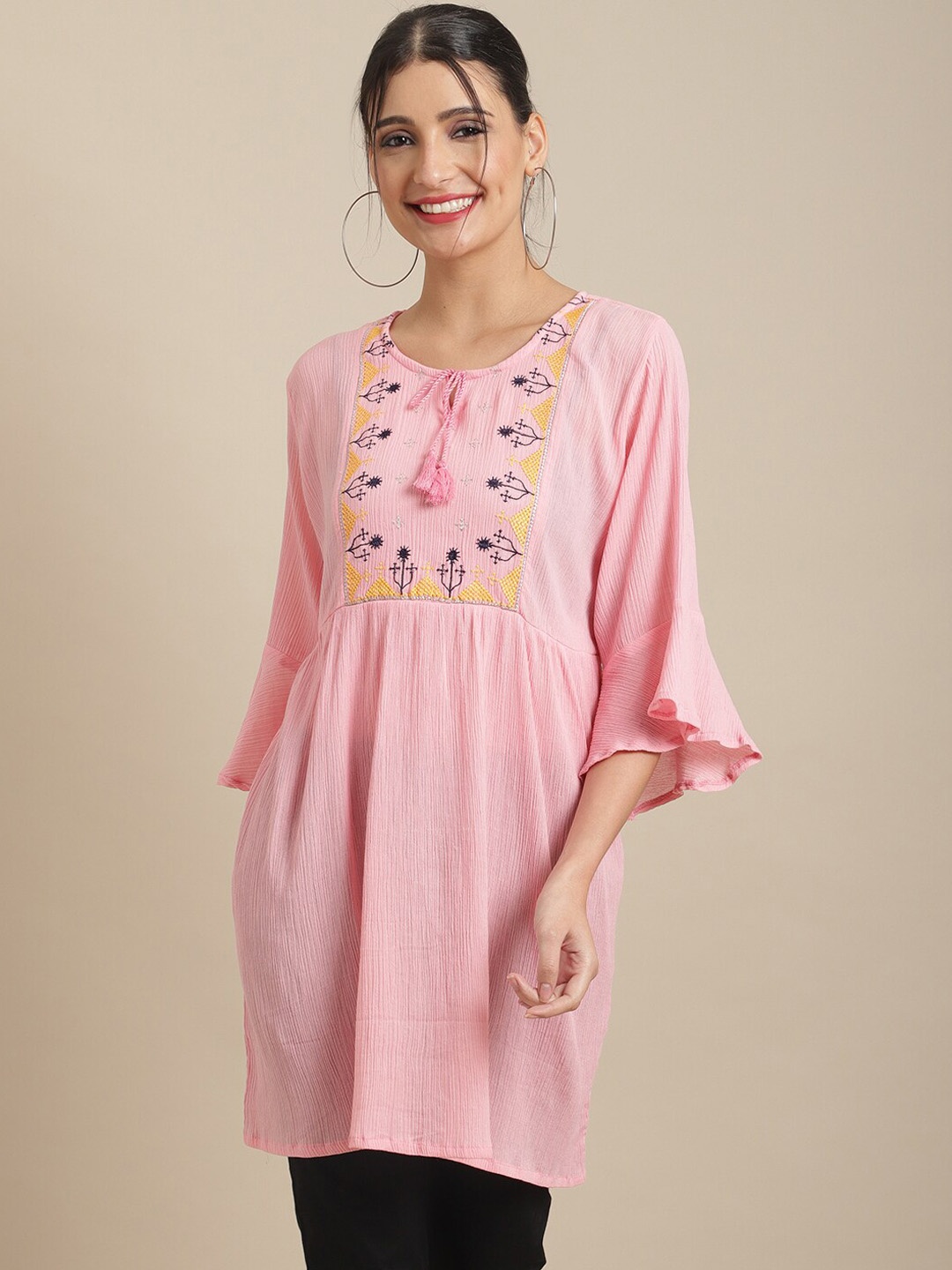 

Sangria Embroidered Keyhole Neck Bell Sleeves Thread Work A-Line Cotton Kurta, Pink