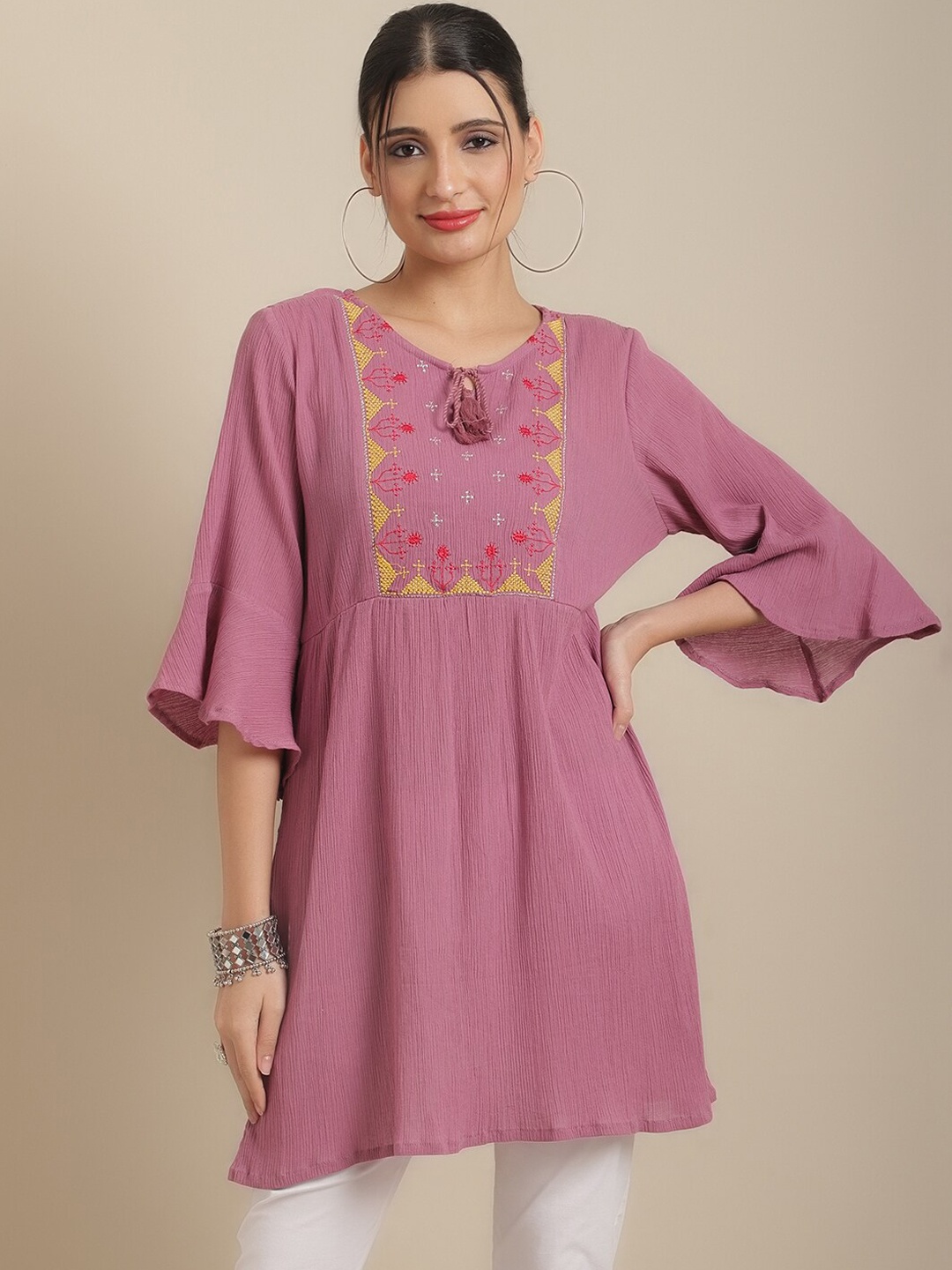 

Sangria Women Ethnic Motifs Embroidered Flared Sleeves Empire Kurti, Purple