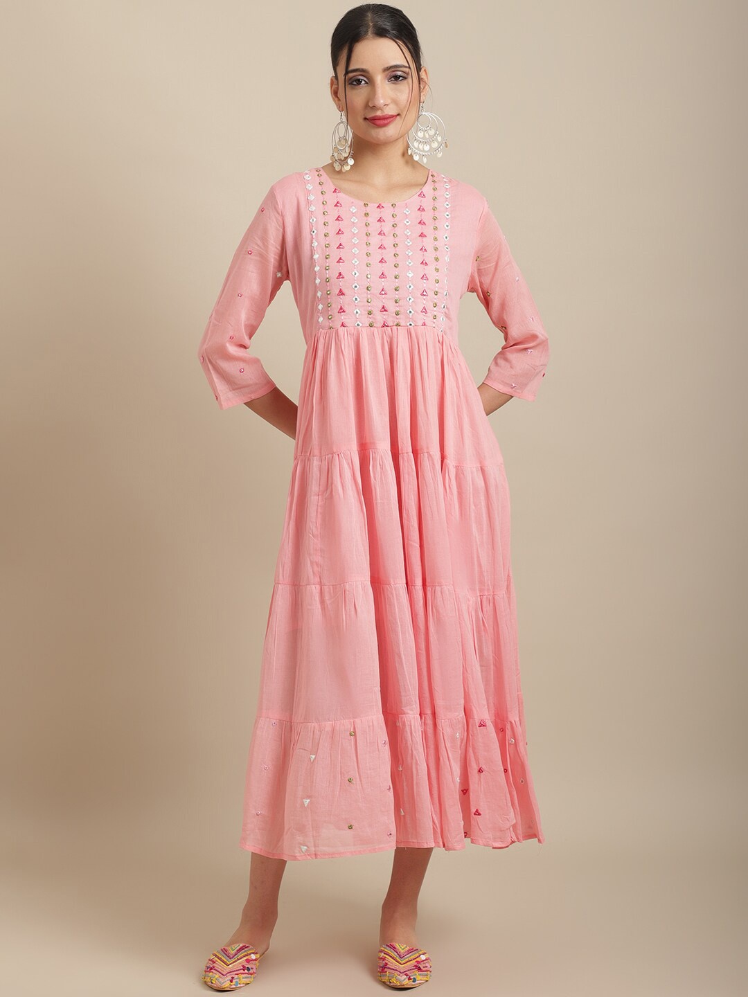 

Sangria Ethnic Motifs Flared Sleeves Gotta Patti Anarkali Cotton Kurta, Pink