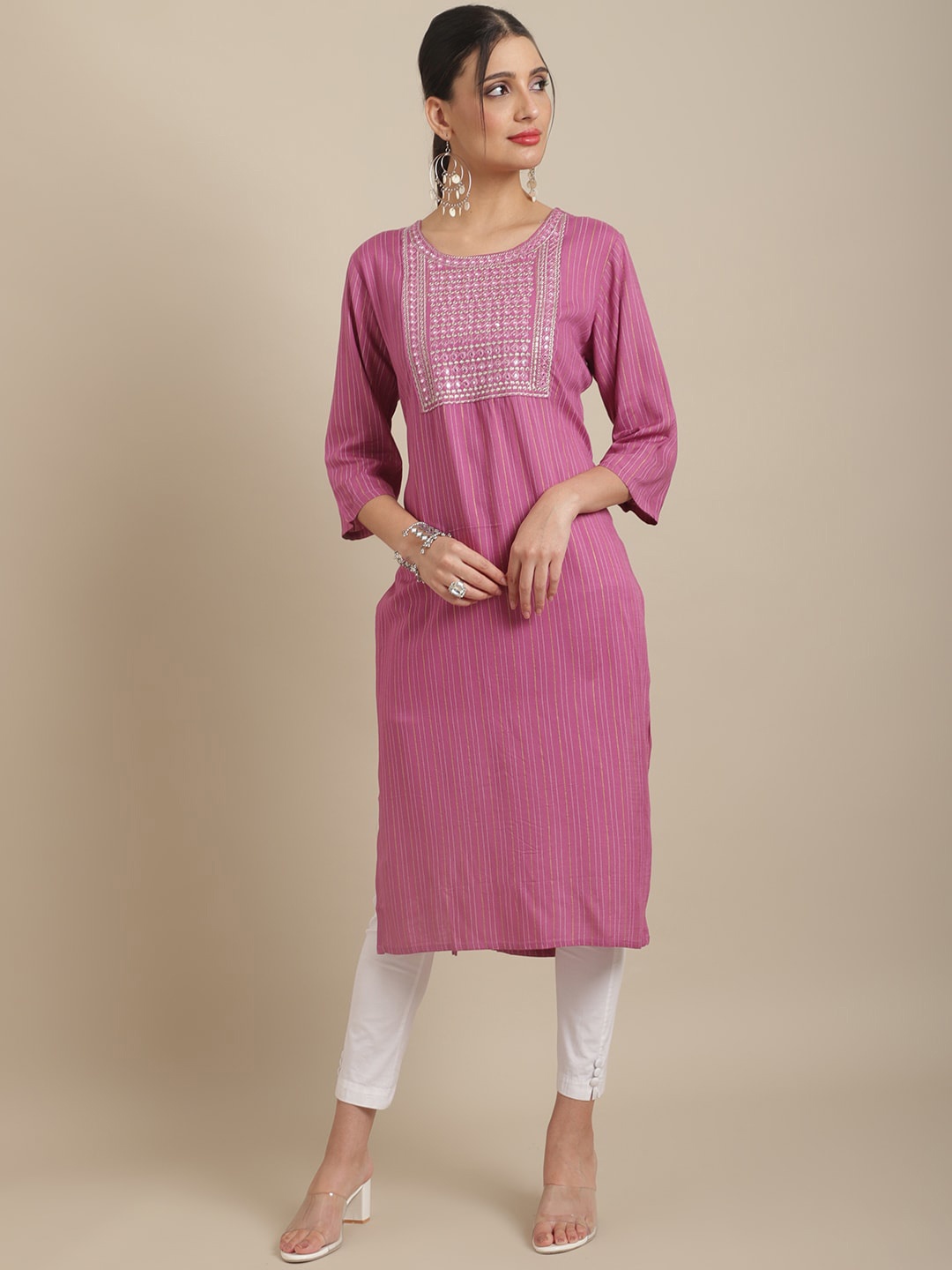 

Sangria Ethnic Motifs Yoke Design Thread Work Straight Regular Kurta, Purple