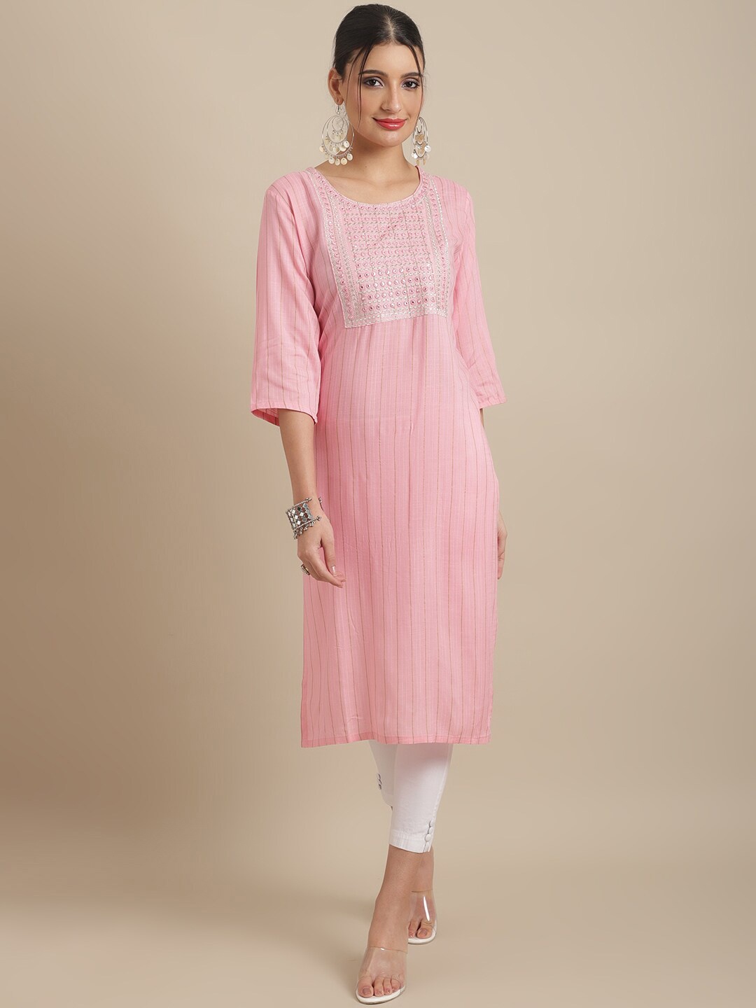 

Sangria Yoke Design Mirror Work Round Neck Straight High Slit Kurta, Pink
